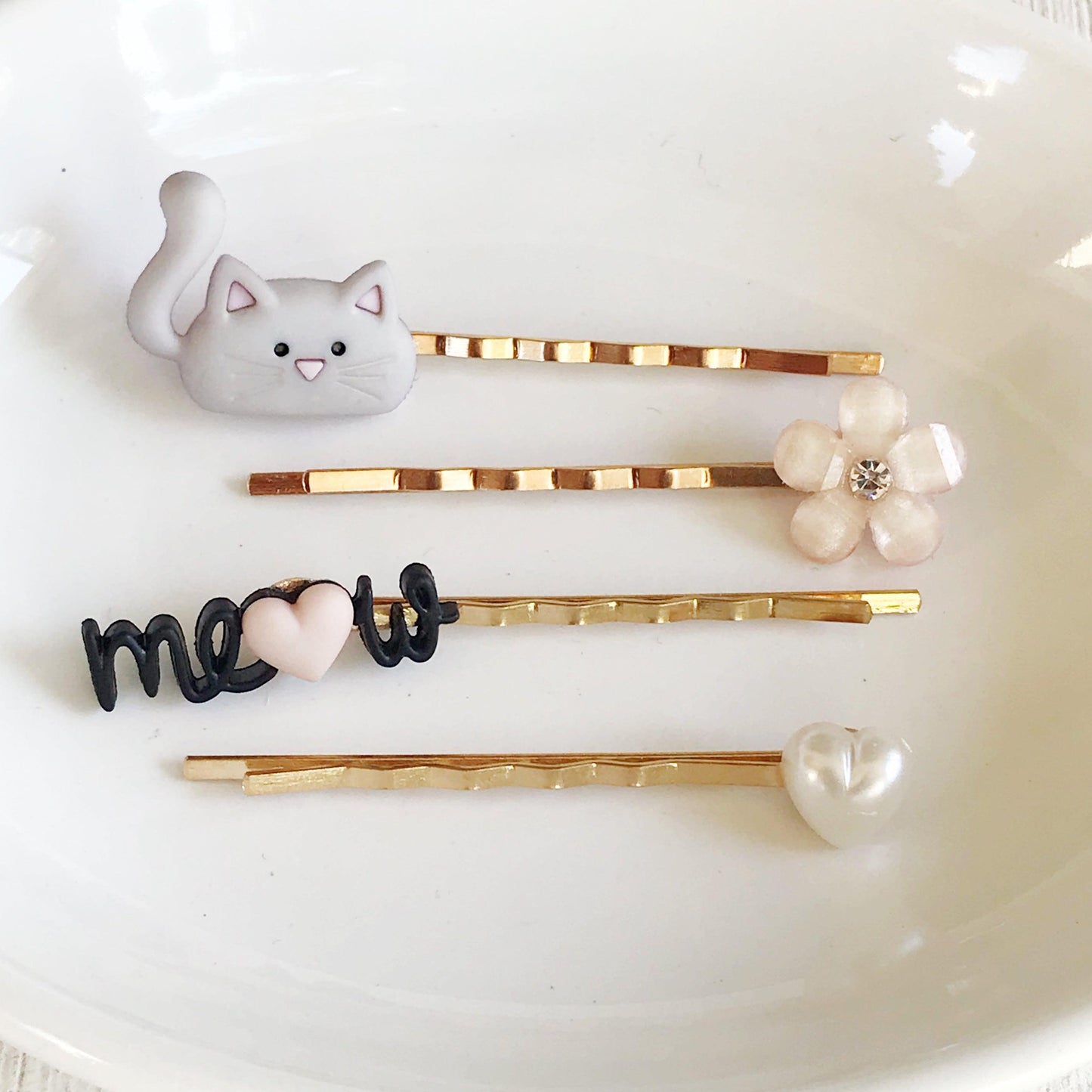 Gray Cat, White Heart, Pink Flower & Meow Hair Pins - Quirky Accessories for Feline-Inspired Hairstyles