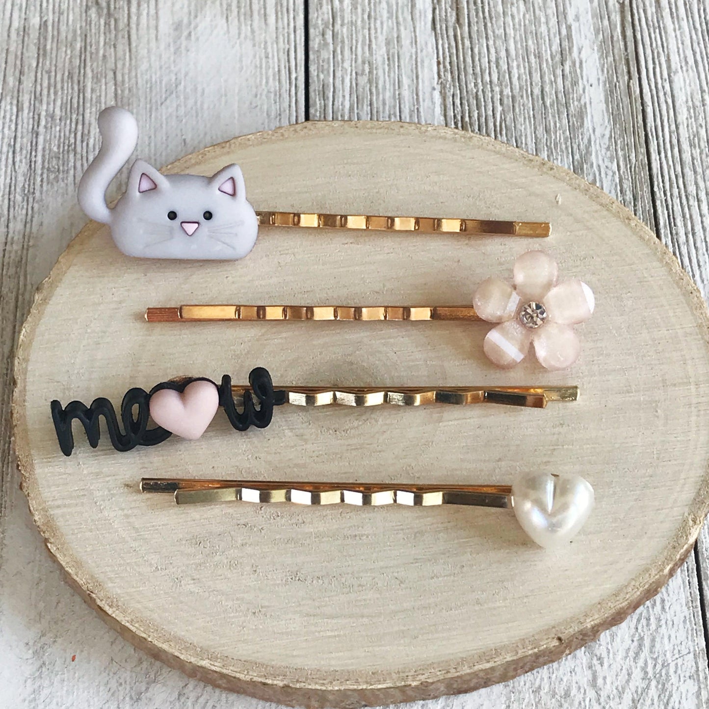 Gray Cat, White Heart, Pink Flower & Meow Hair Pins - Quirky Accessories for Feline-Inspired Hairstyles