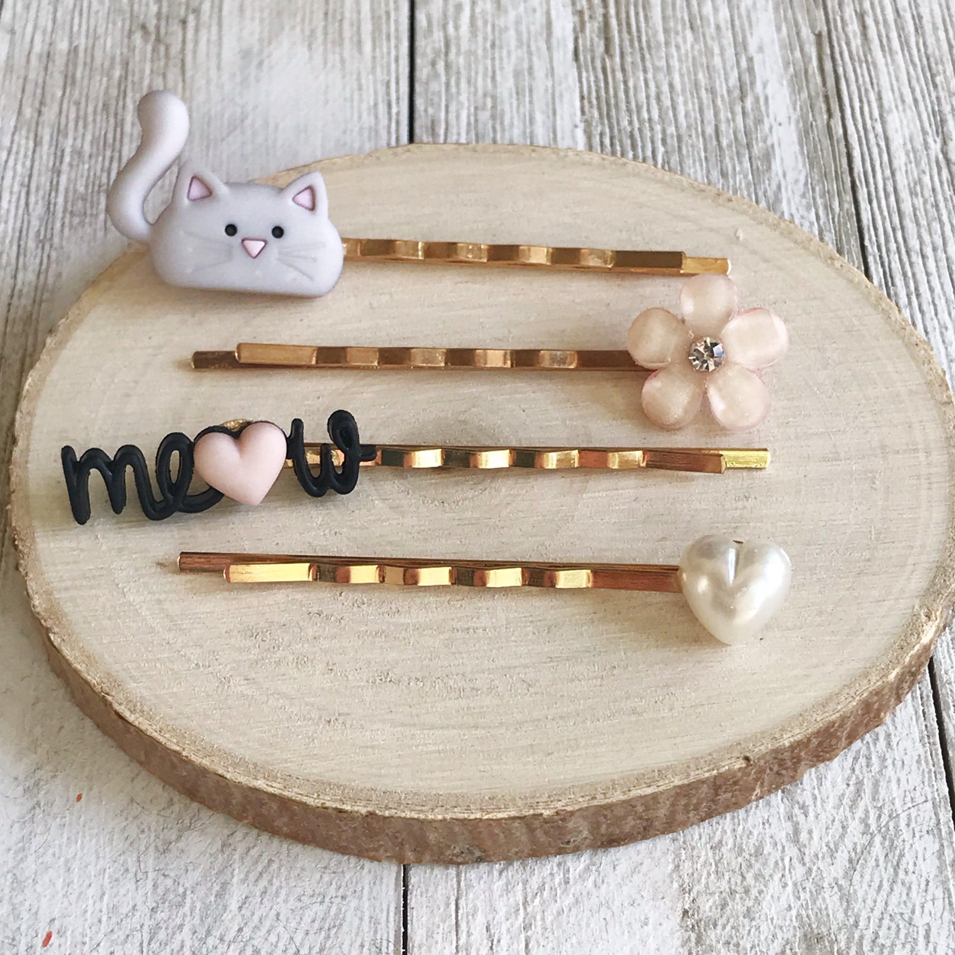 Gray Cat, White Heart, Pink Flower & Meow Hair Pins - Quirky Accessories for Feline-Inspired Hairstyles