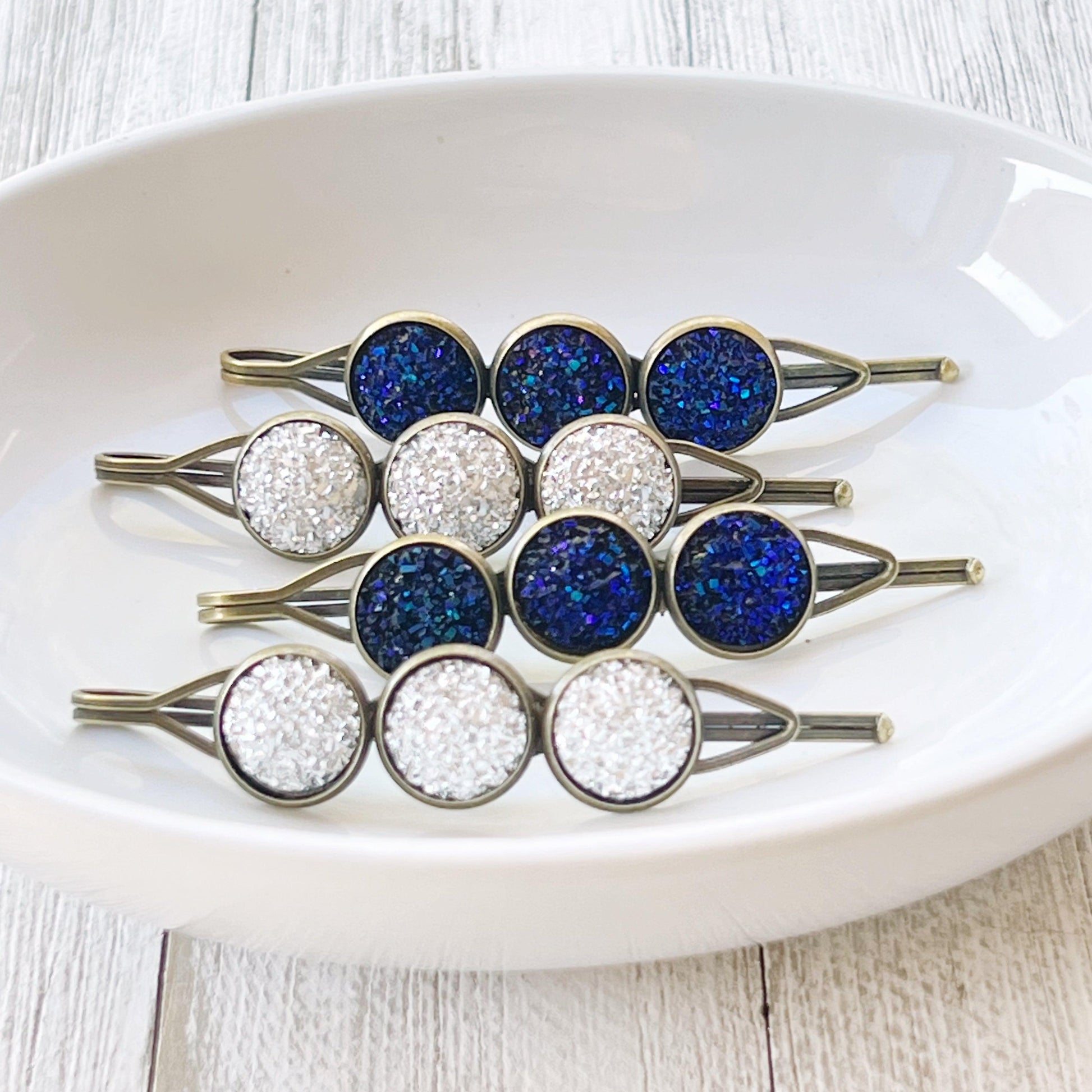 Cobalt Blue Druzy Hair Pins - Women's Hair Accessories Set | Silver Bobby Pins & Barrettes for Stylish Looks