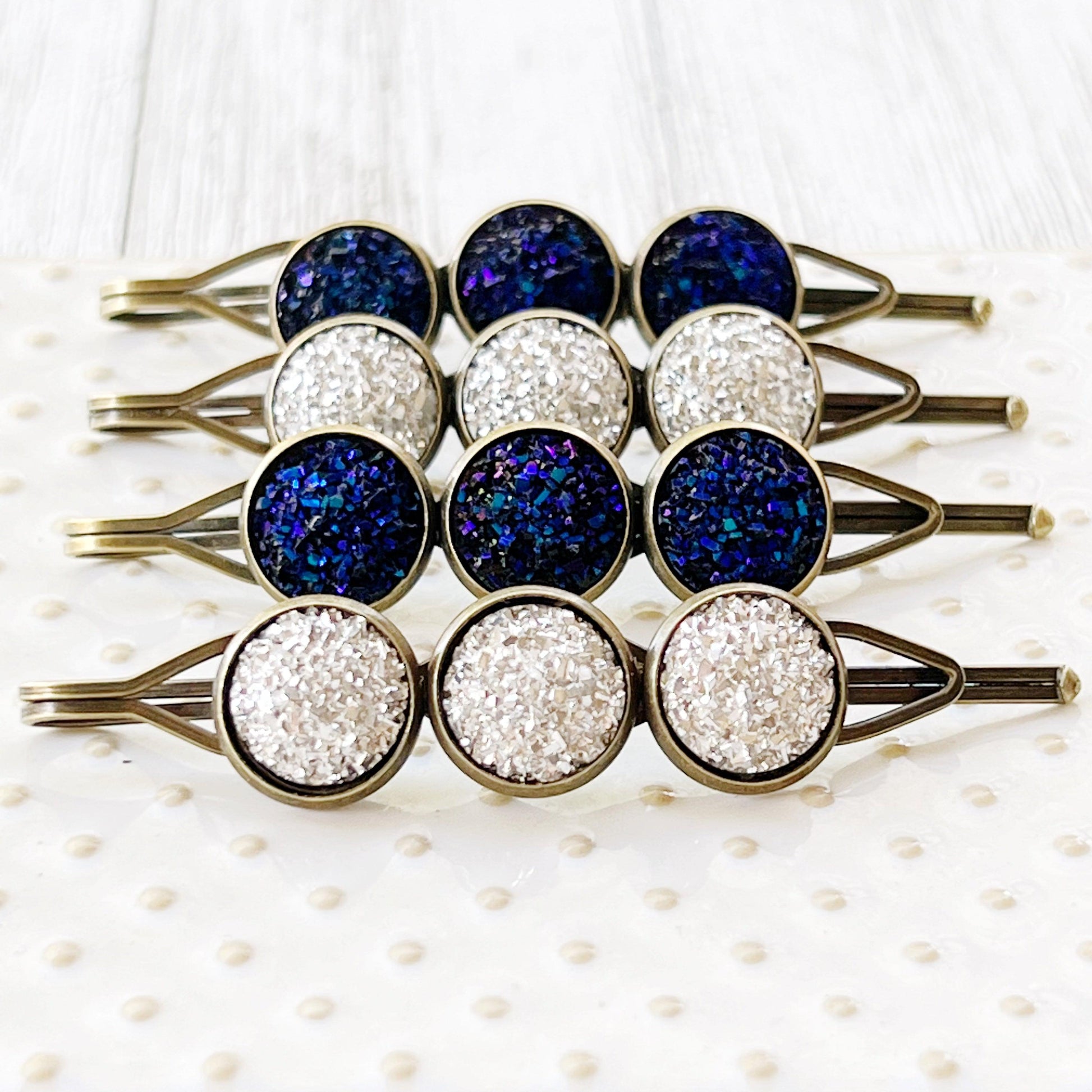 Cobalt Blue Druzy Hair Pins - Women's Hair Accessories Set | Silver Bobby Pins & Barrettes for Stylish Looks