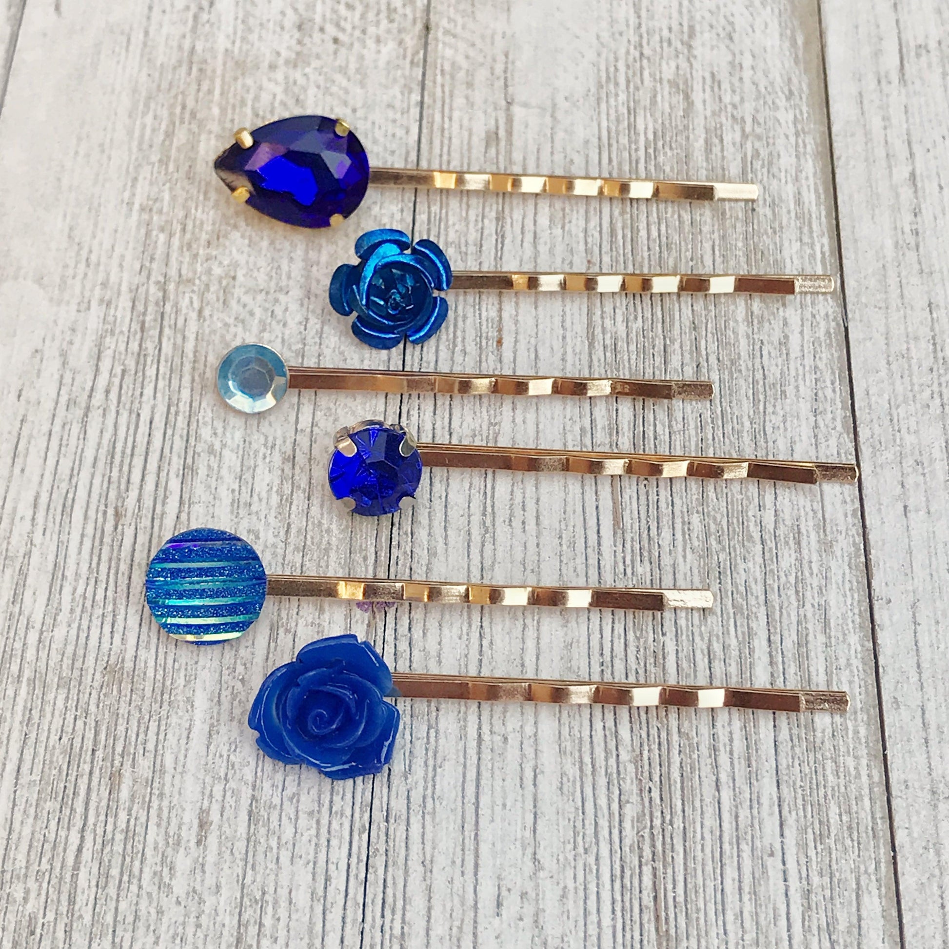 Cobalt Blue Rhinestone Floral Gold Hair Pins - Elegant Accents for Glamorous Hairstyles