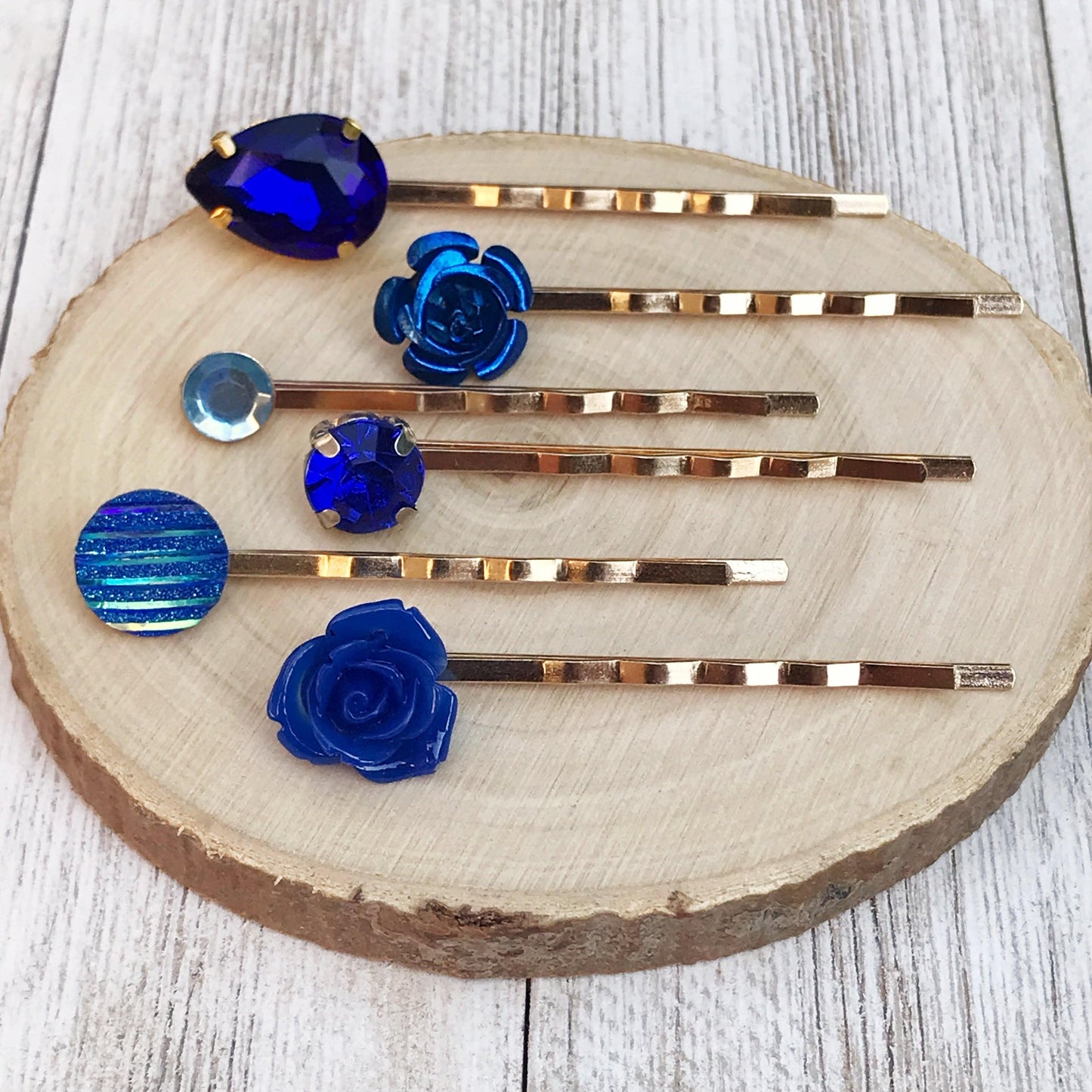 Cobalt Blue Rhinestone Floral Gold Hair Pins - Elegant Accents for Glamorous Hairstyles