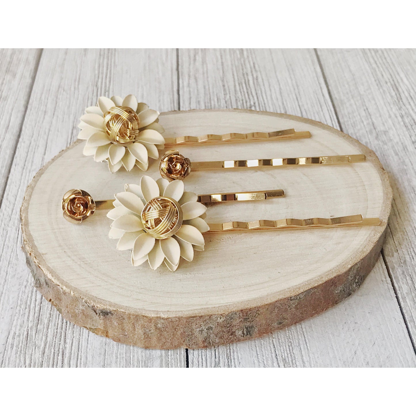 Cream and Gold Metal Floral Hair Pins