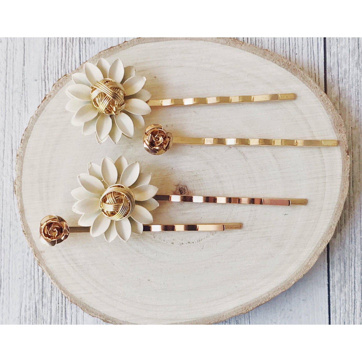 Cream and Gold Metal Floral Hair Pins