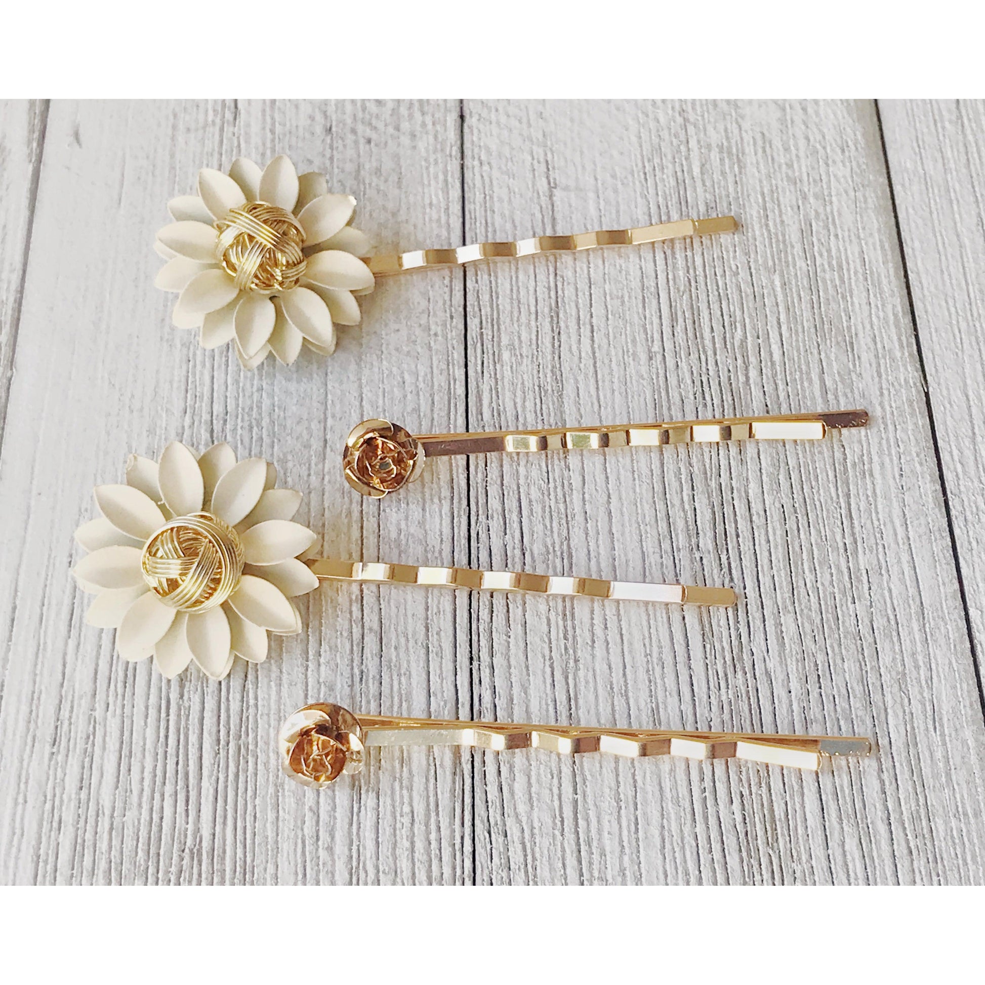 Cream and Gold Metal Floral Hair Pins