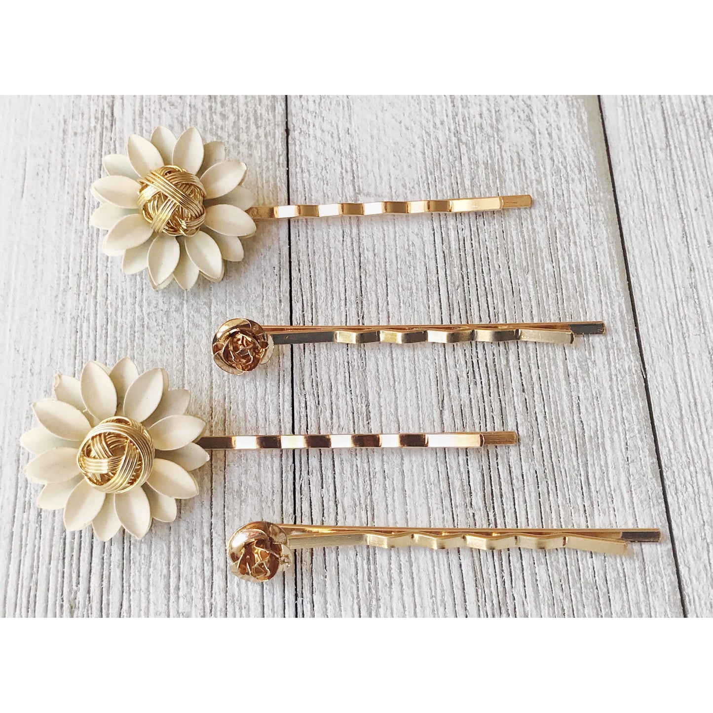 Cream and Gold Metal Floral Hair Pins