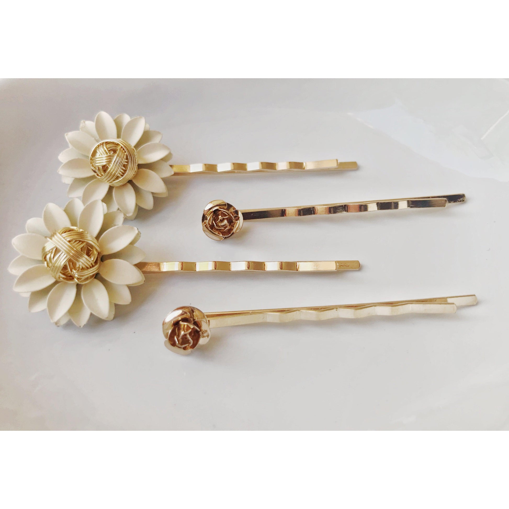 Cream and Gold Metal Floral Hair Pins