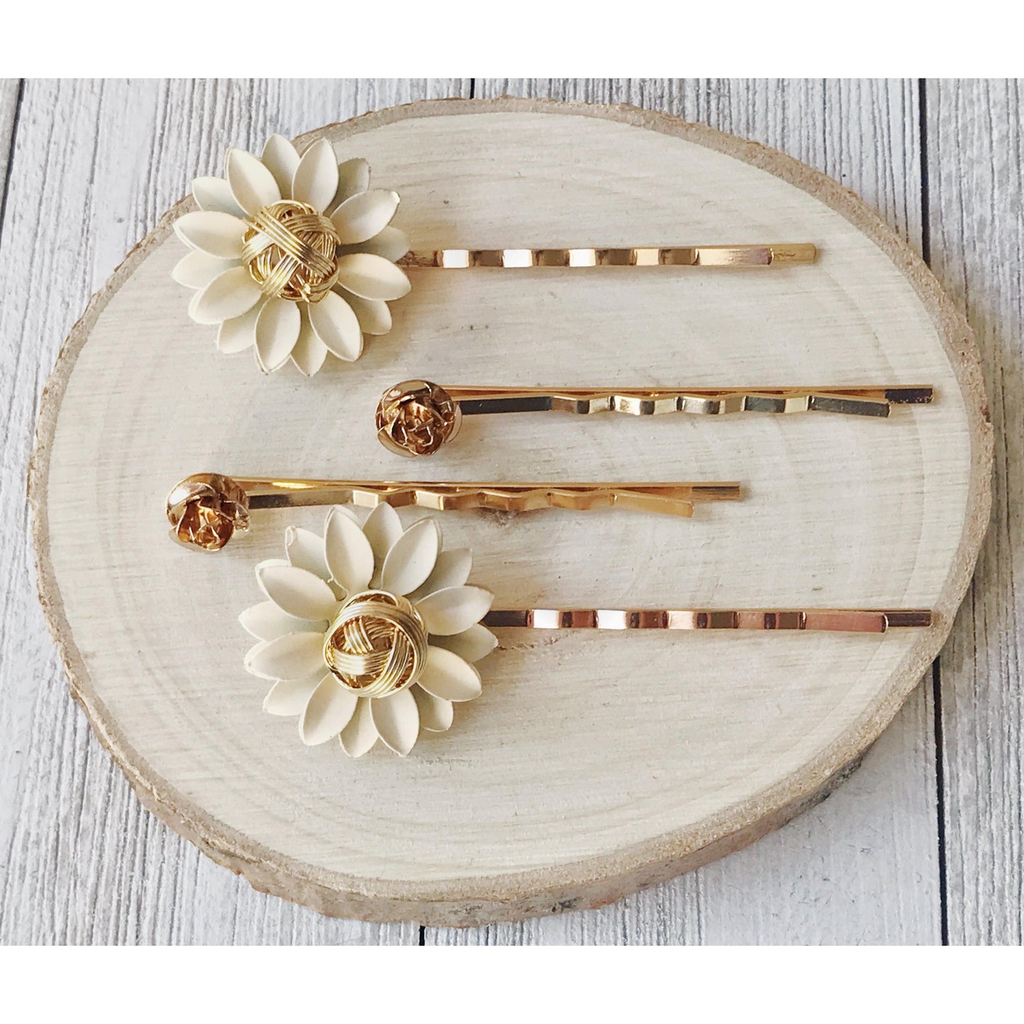 Cream and Gold Metal Floral Hair Pins