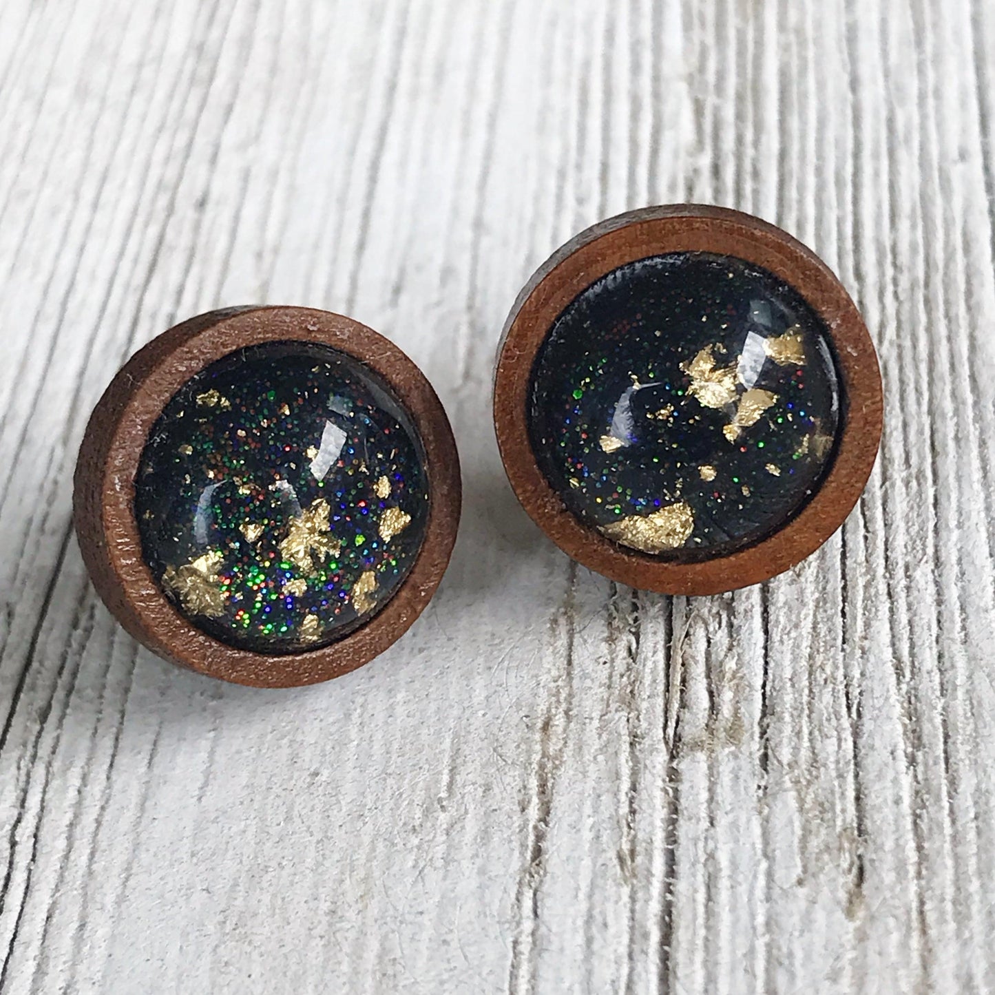 Black Glitter Gold Flake Wood Stud Earrings - Elegant Statement Jewelry