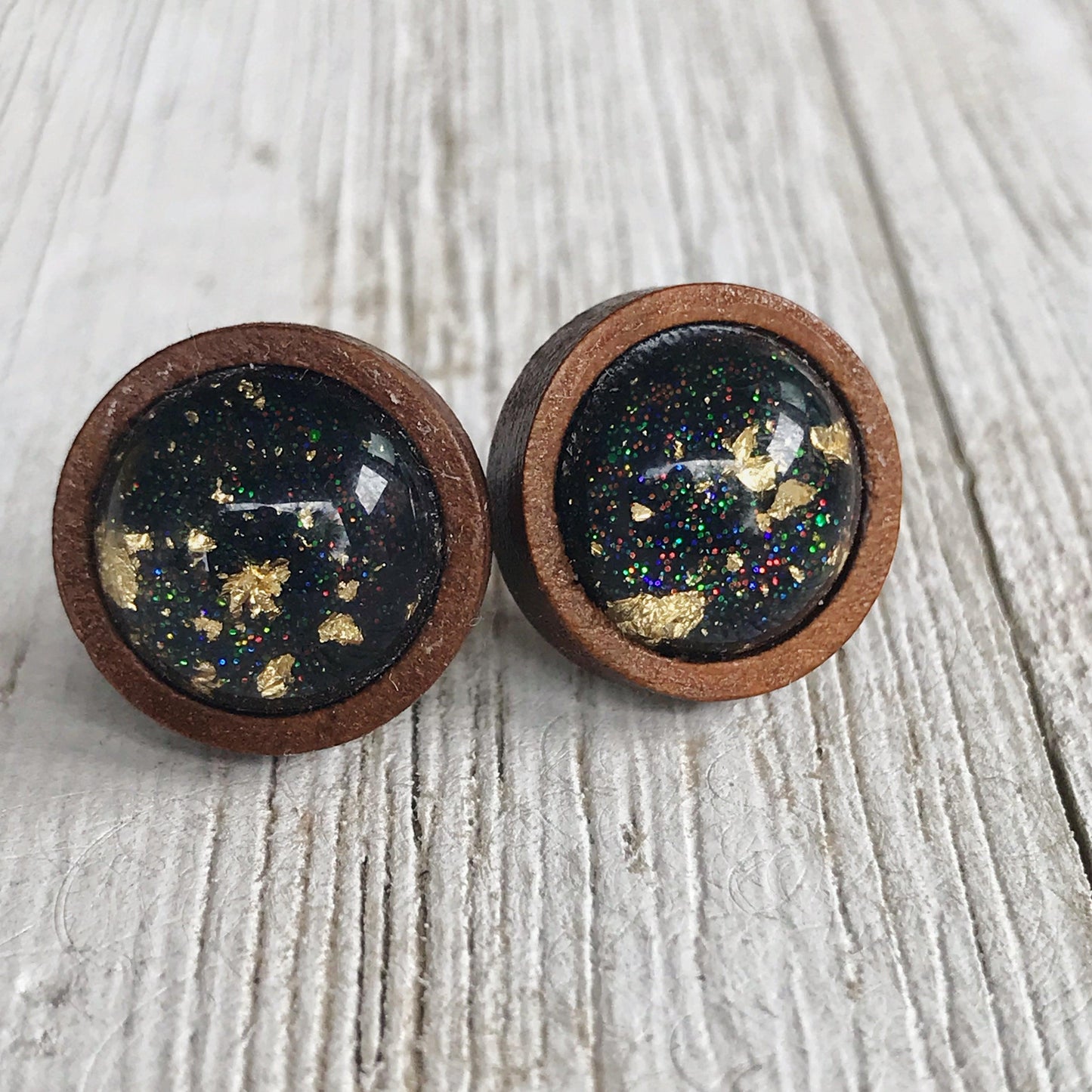 Black Glitter Gold Flake Wood Stud Earrings - Elegant Statement Jewelry