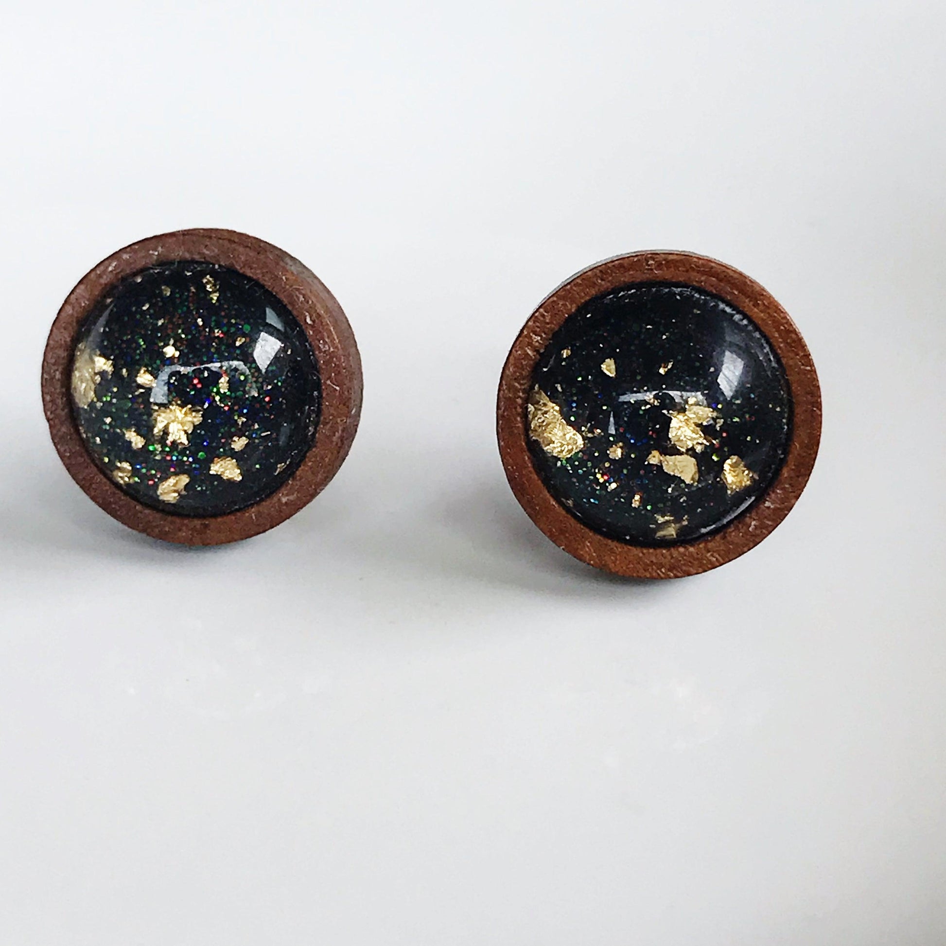 Black Glitter Gold Flake Wood Stud Earrings - Elegant Statement Jewelry