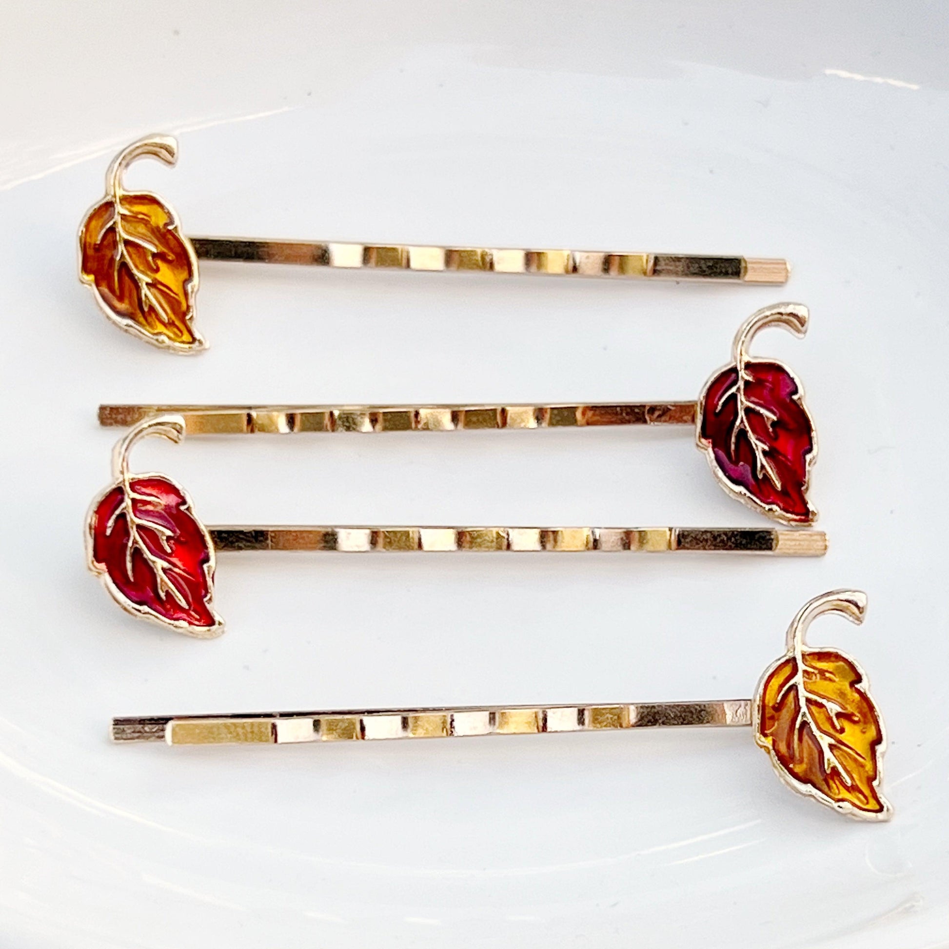 Red & Orange Enamel Leaf Hair Pins - Colorful & Stylish Accessories