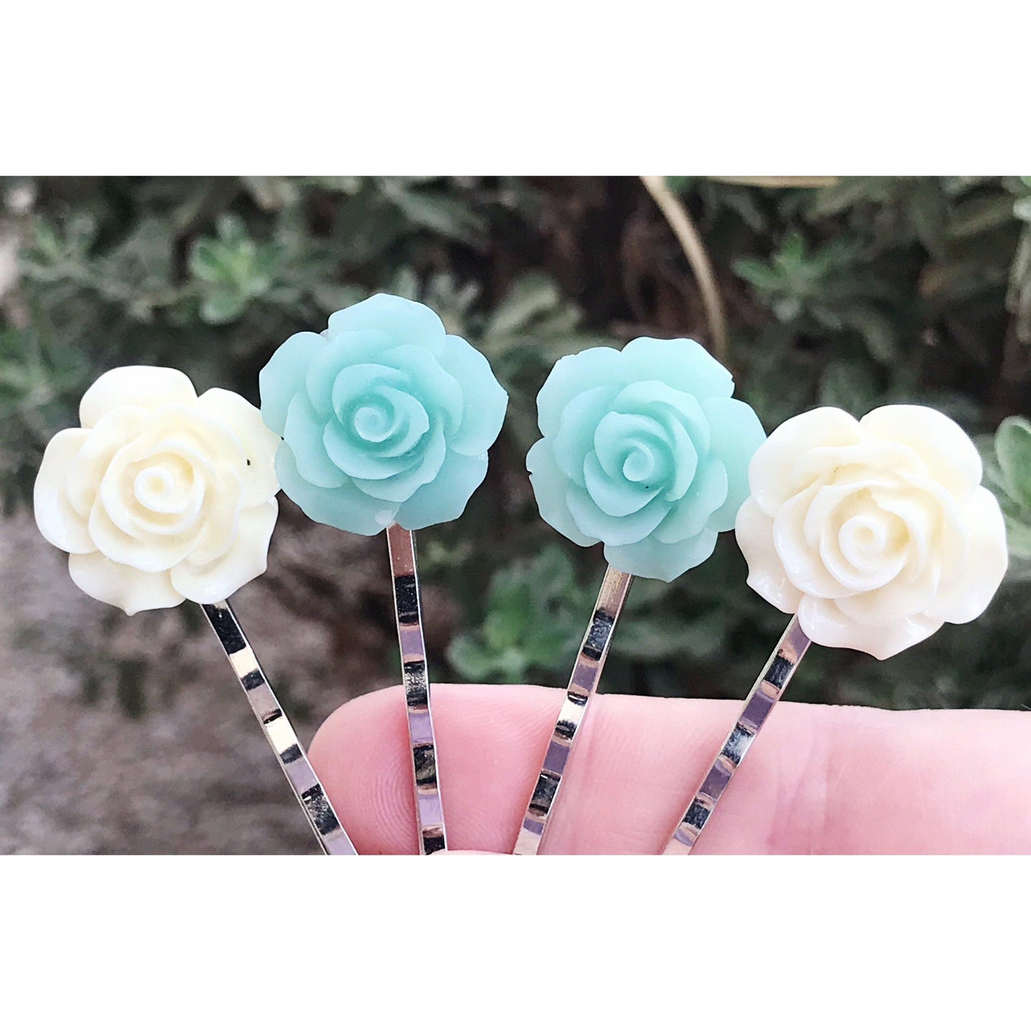 Mint & Cream Floral Bobby Pins: Delicate & Elegant Hair Accessories