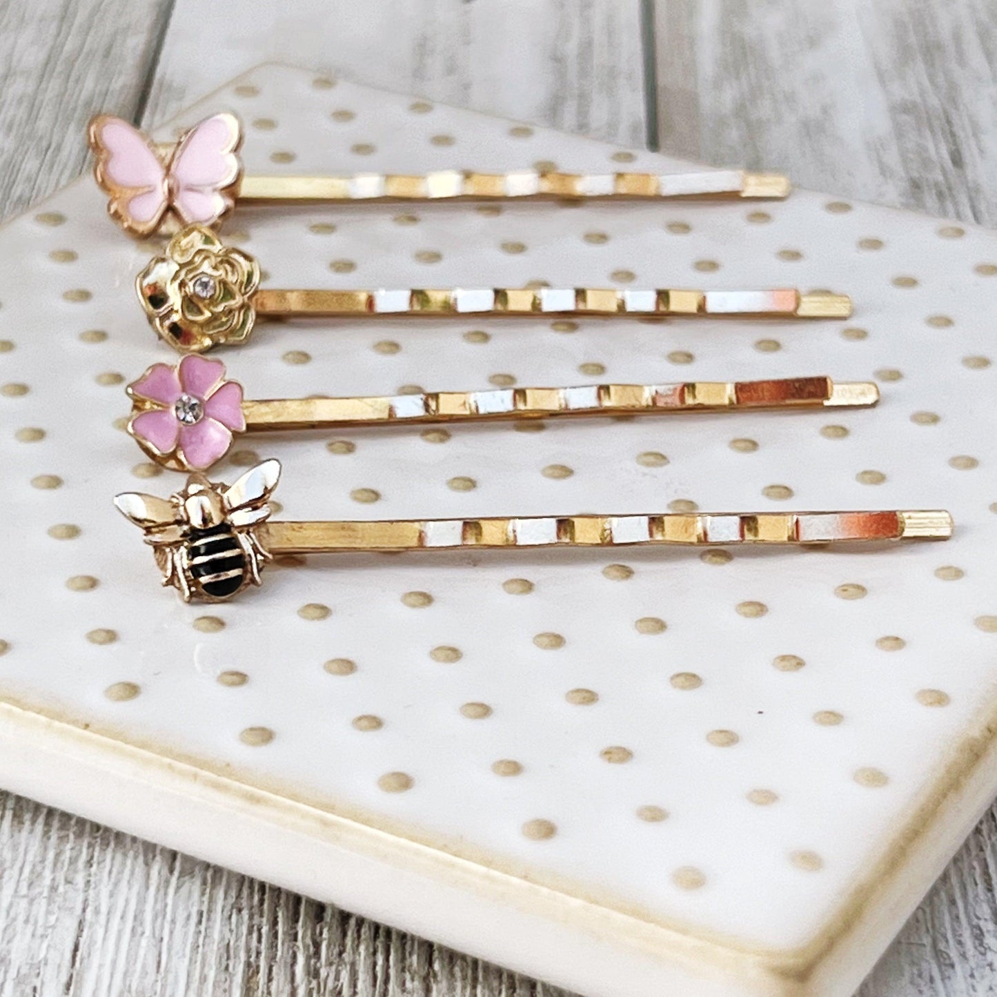 Gold Bee, Pink Butterfly, Gold & Pink Flower Hair Pins - Set of 4 Charming Accessories for Stylish Hairdos