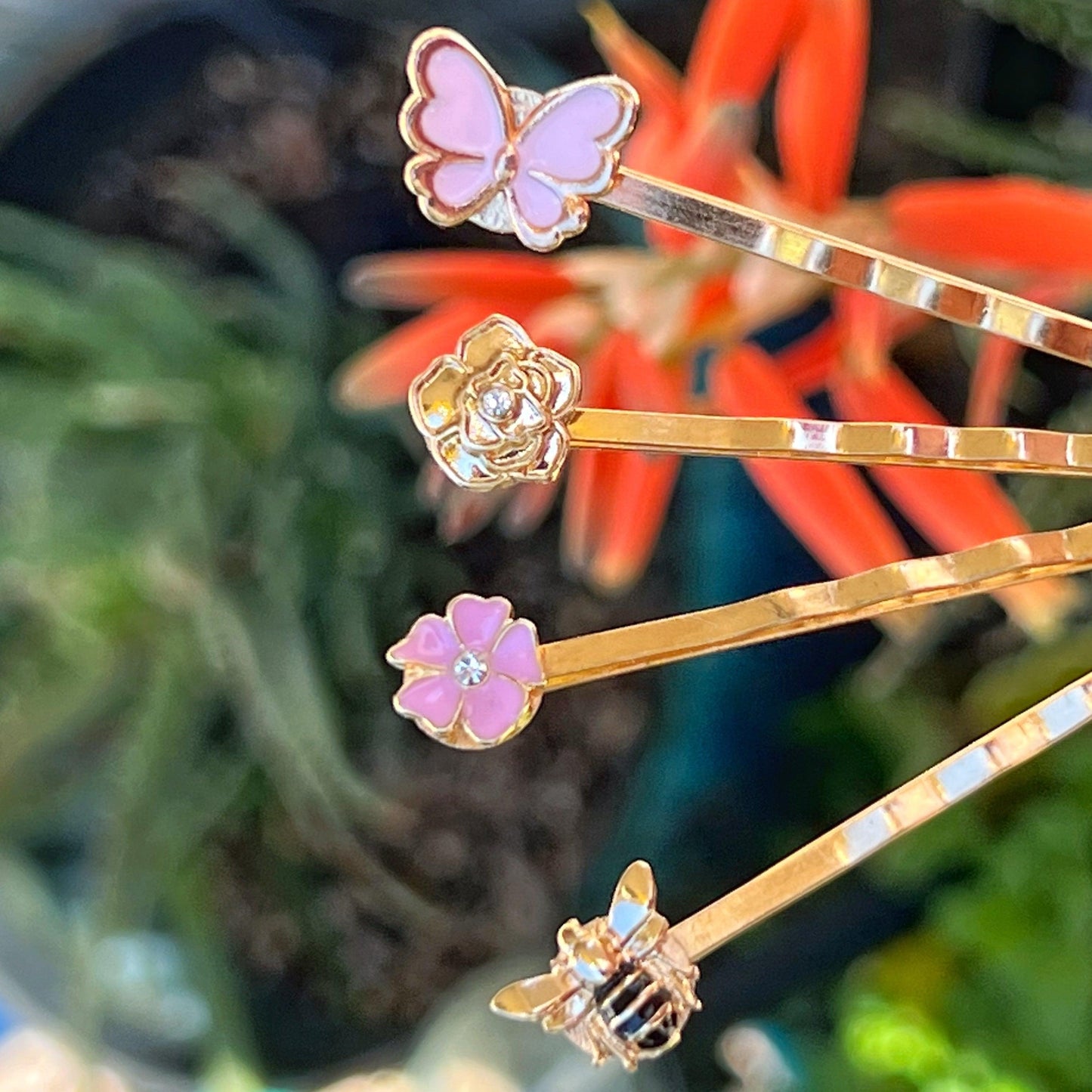 Gold Bee, Pink Butterfly, Gold & Pink Flower Hair Pins - Set of 4 Charming Accessories for Stylish Hairdos