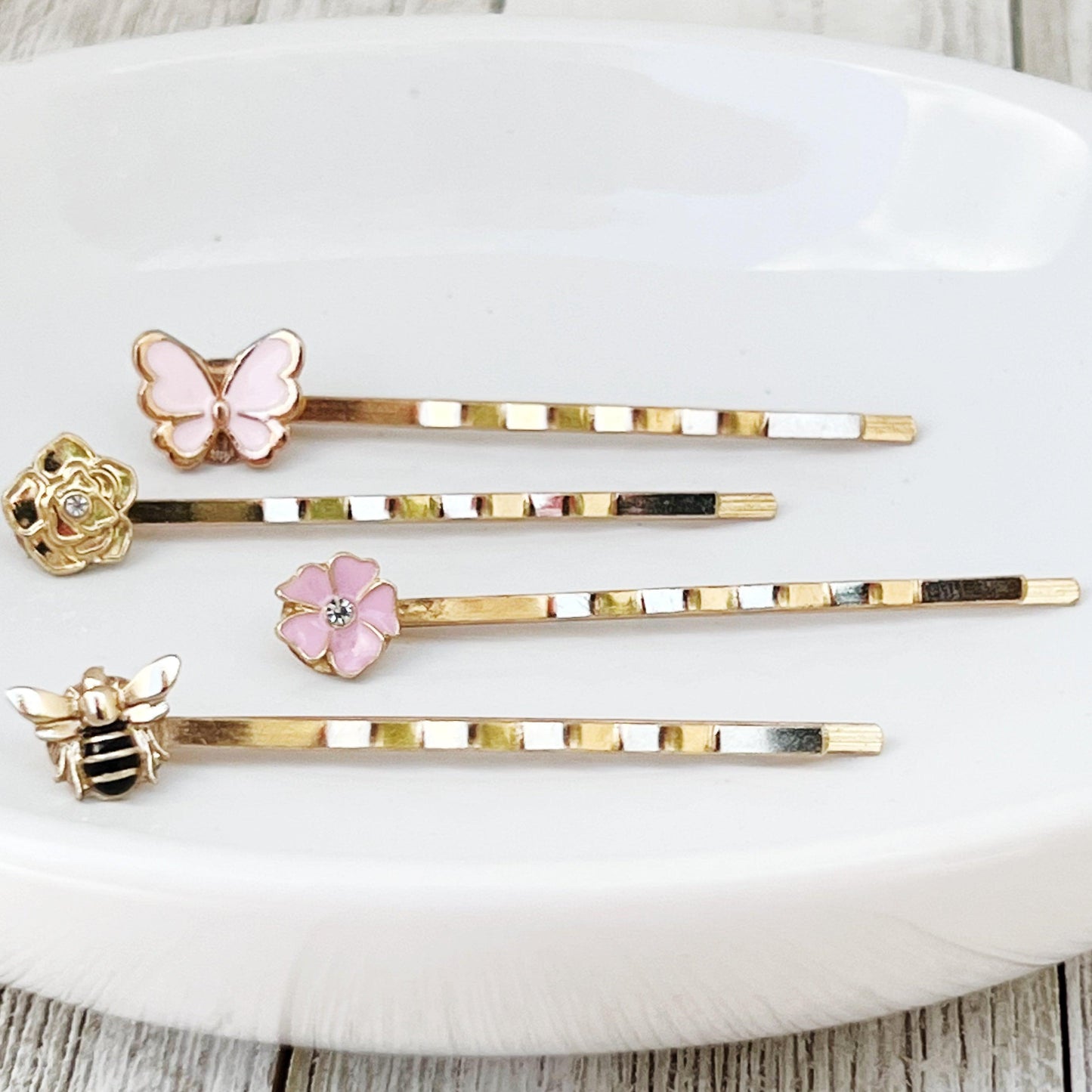 Gold Bee, Pink Butterfly, Gold & Pink Flower Hair Pins - Set of 4 Charming Accessories for Stylish Hairdos