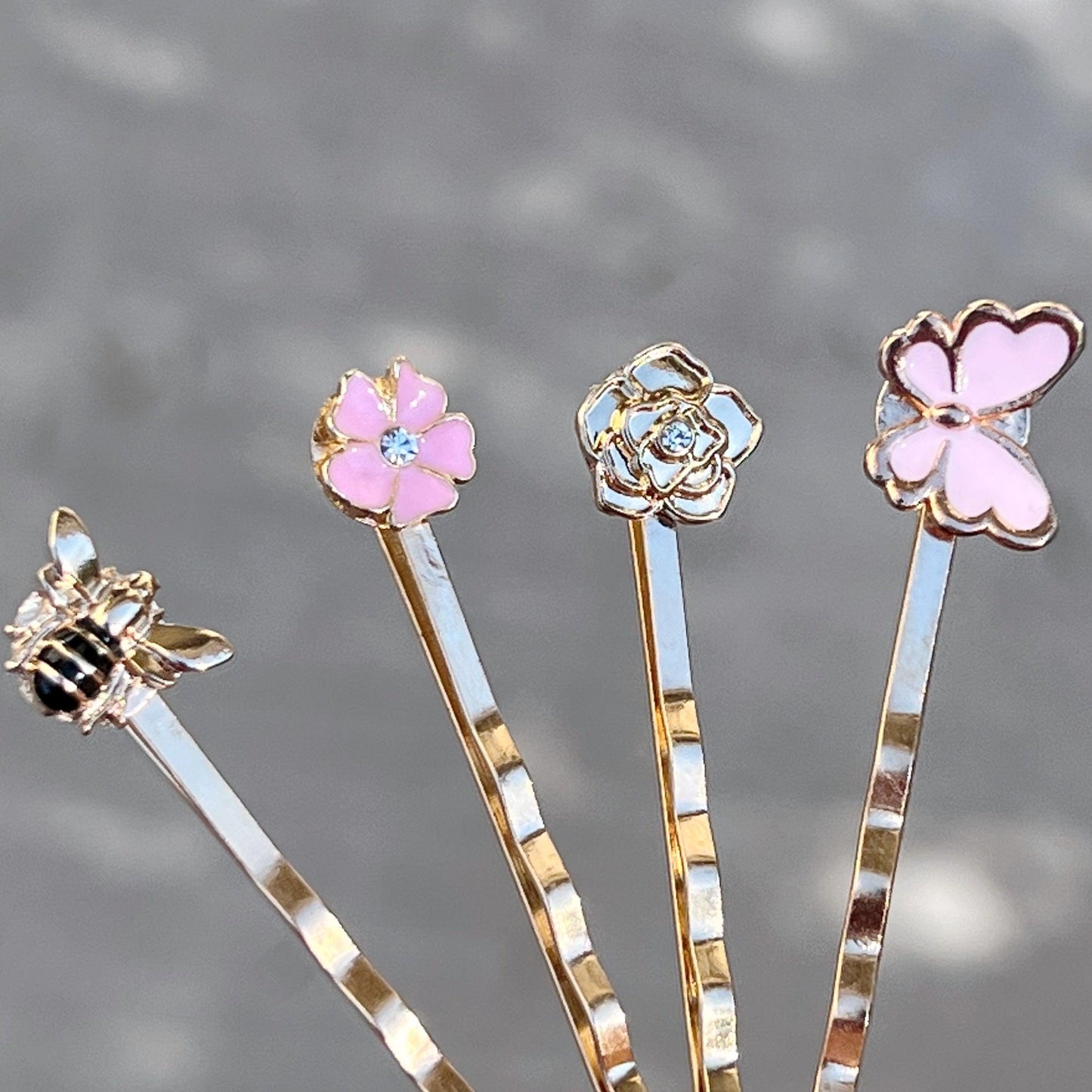 Gold Bee, Pink Butterfly, Gold & Pink Flower Hair Pins - Set of 4 Charming Accessories for Stylish Hairdos