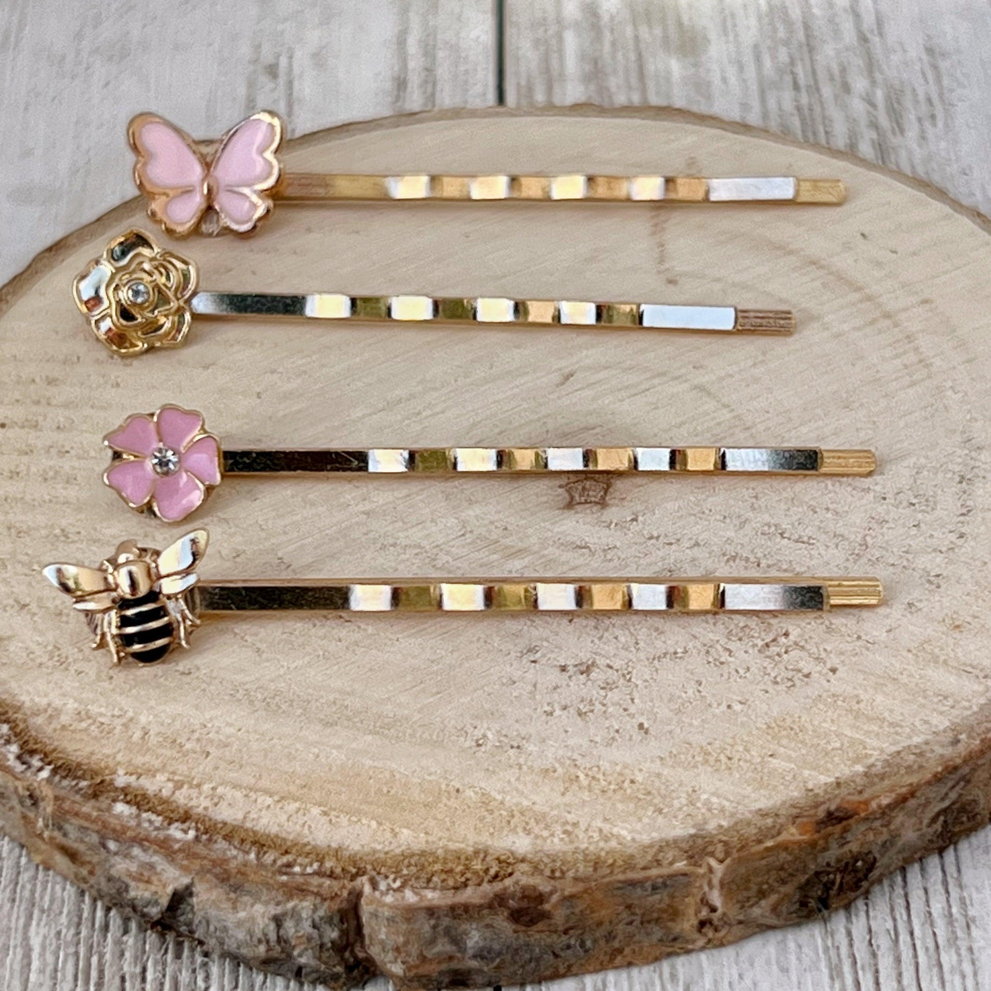 Gold Bee, Pink Butterfly, Gold & Pink Flower Hair Pins - Set of 4 Charming Accessories for Stylish Hairdos