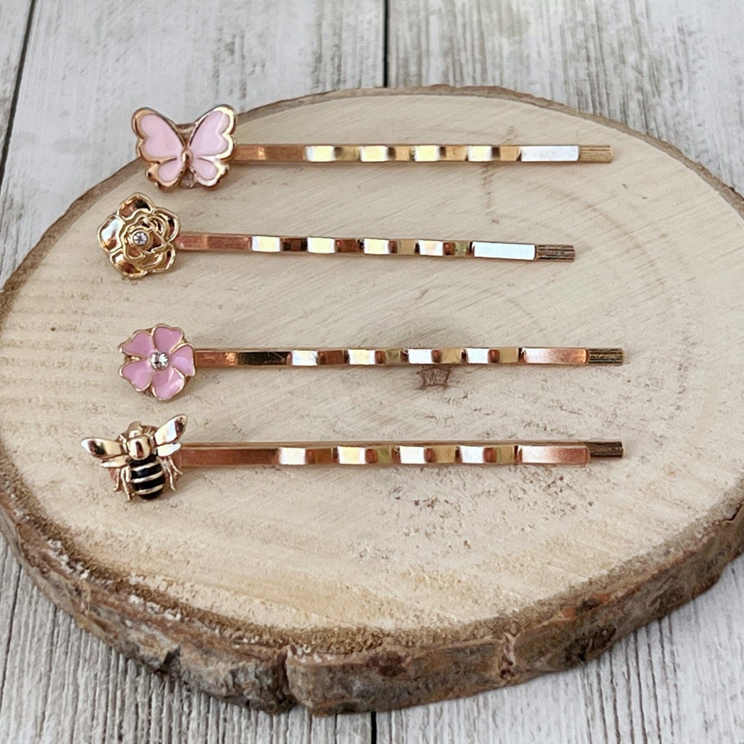 Gold Bee, Pink Butterfly, Gold & Pink Flower Hair Pins - Set of 4 Charming Accessories for Stylish Hairdos