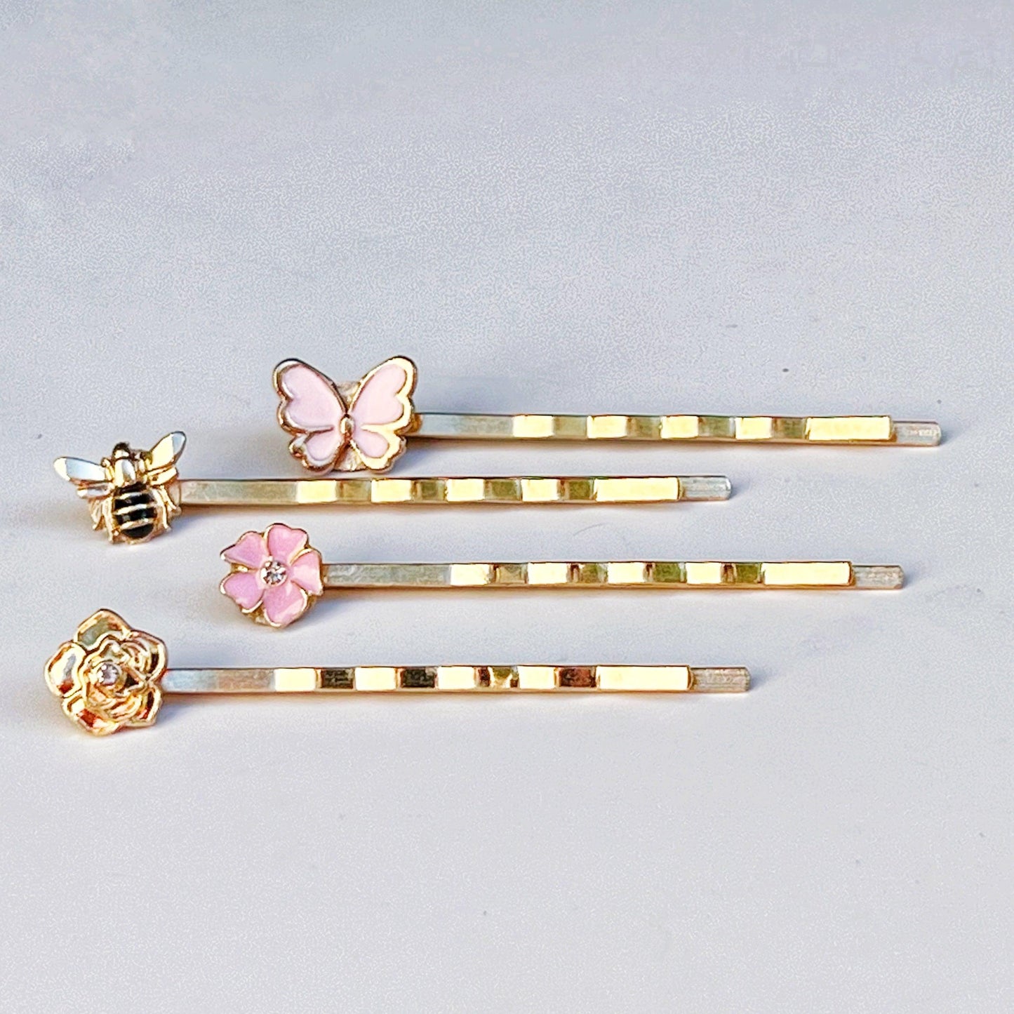 Gold Bee, Pink Butterfly, Gold & Pink Flower Hair Pins - Set of 4 Charming Accessories for Stylish Hairdos