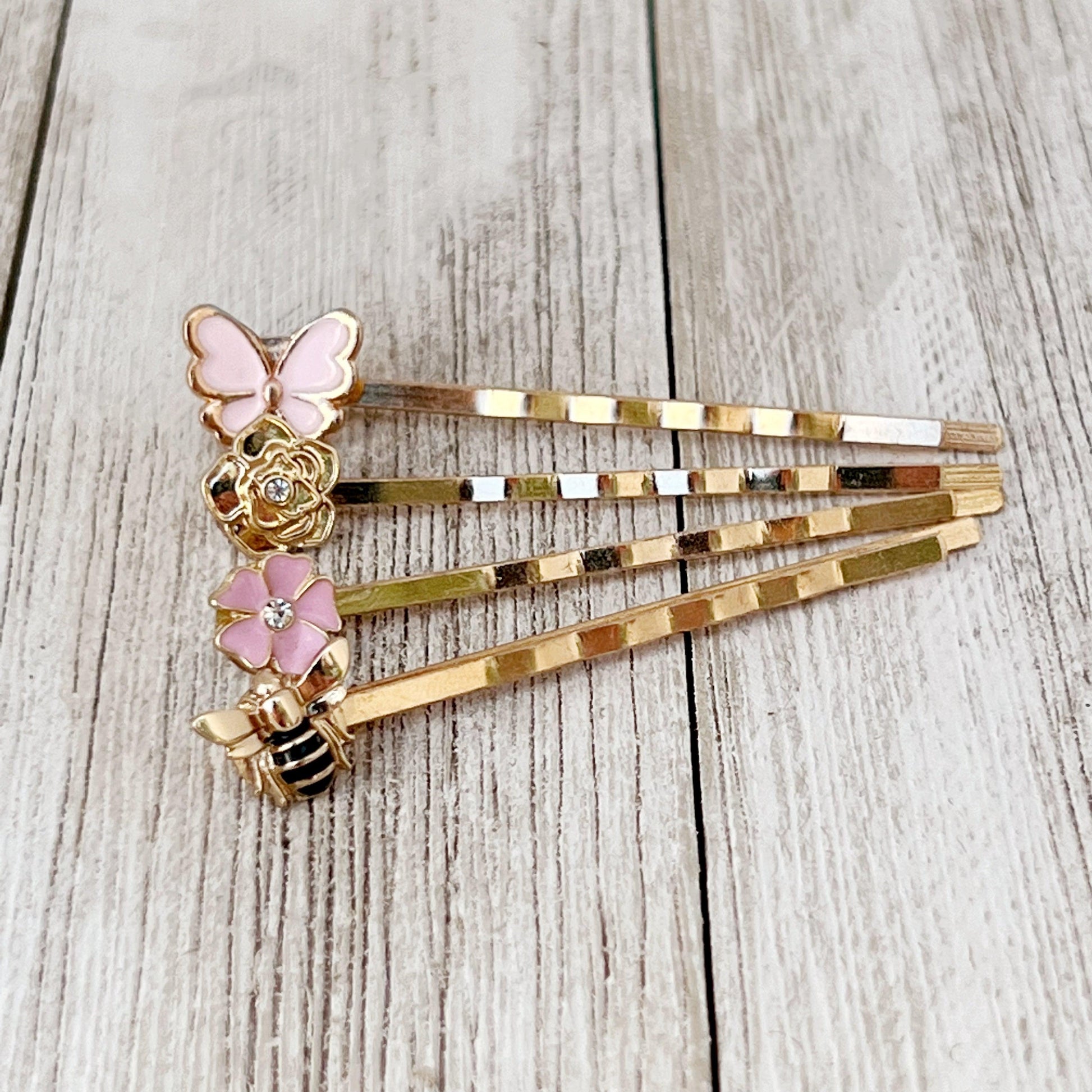 Gold Bee, Pink Butterfly, Gold & Pink Flower Hair Pins - Set of 4 Charming Accessories for Stylish Hairdos