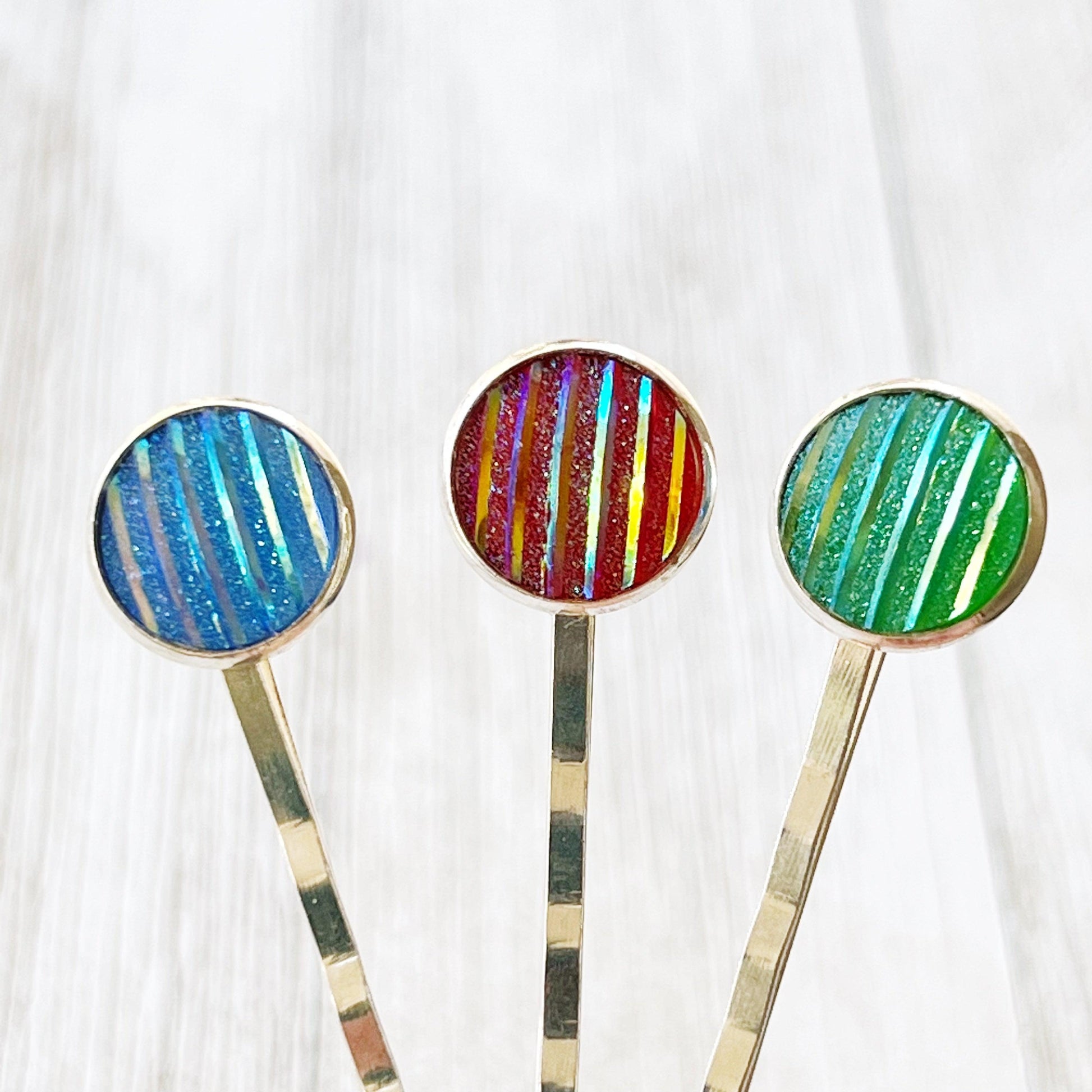 Green, Red, & Blue Striped Glitter Silver Hair Pins Set of 3- Sparkling & Colorful Hair Accessories