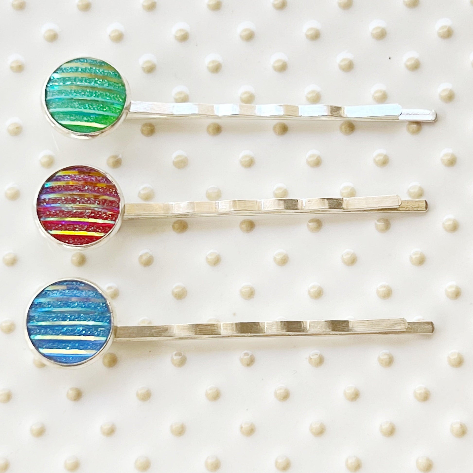 Green, Red, & Blue Striped Glitter Silver Hair Pins Set of 3- Sparkling & Colorful Hair Accessories