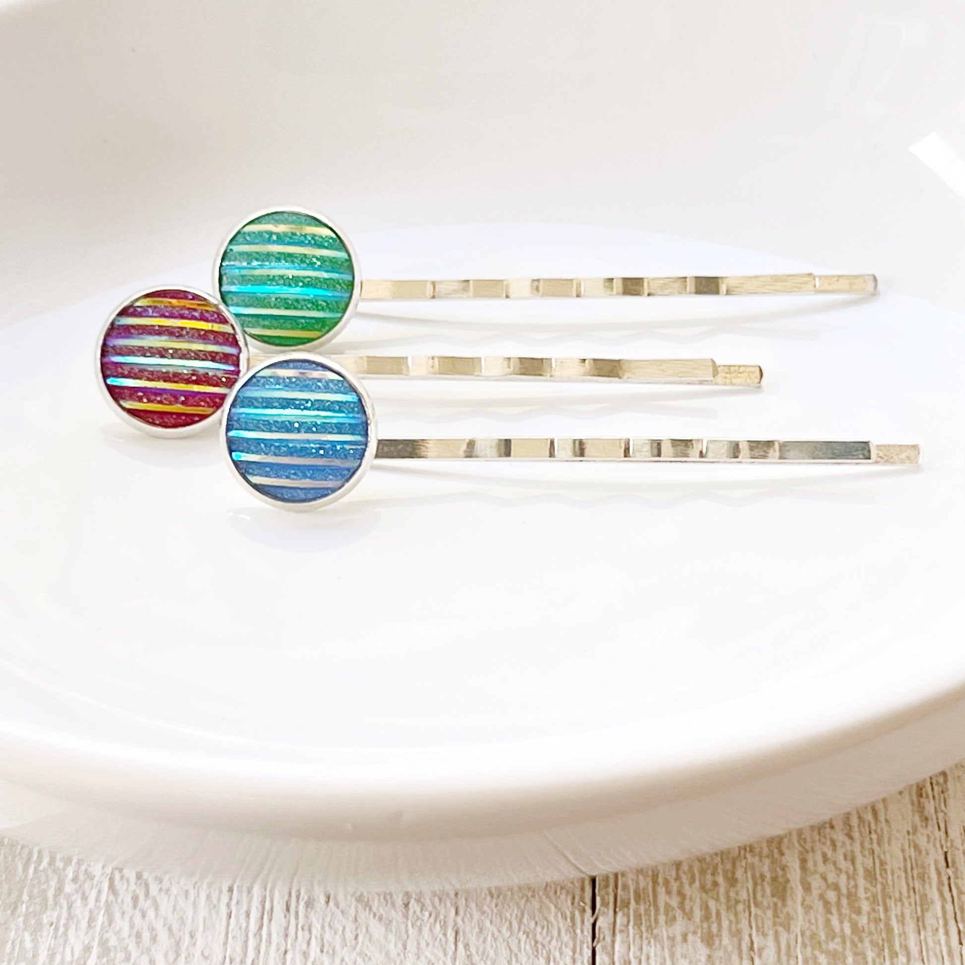 Green, Red, & Blue Striped Glitter Silver Hair Pins Set of 3- Sparkling & Colorful Hair Accessories