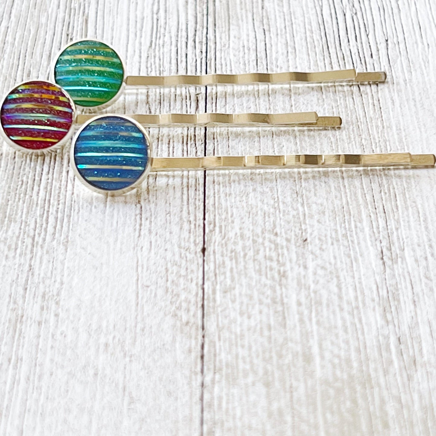 Green, Red, & Blue Striped Glitter Silver Hair Pins Set of 3- Sparkling & Colorful Hair Accessories