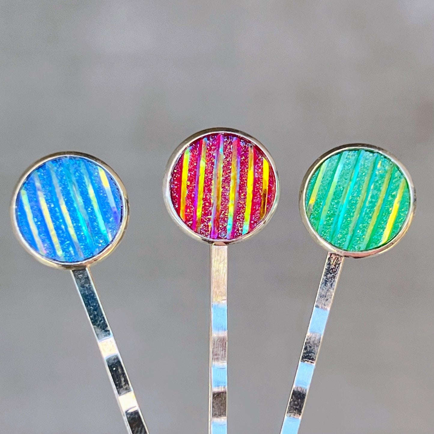 Green, Red, & Blue Striped Glitter Silver Hair Pins Set of 3- Sparkling & Colorful Hair Accessories