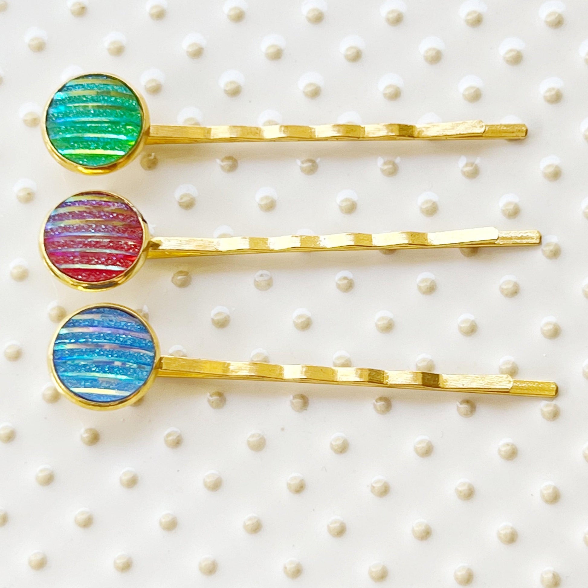 Green, Red, & Blue Striped Glitter Gold Hair Pins Set of 3- Sparkling & Colorful Hair Accessories