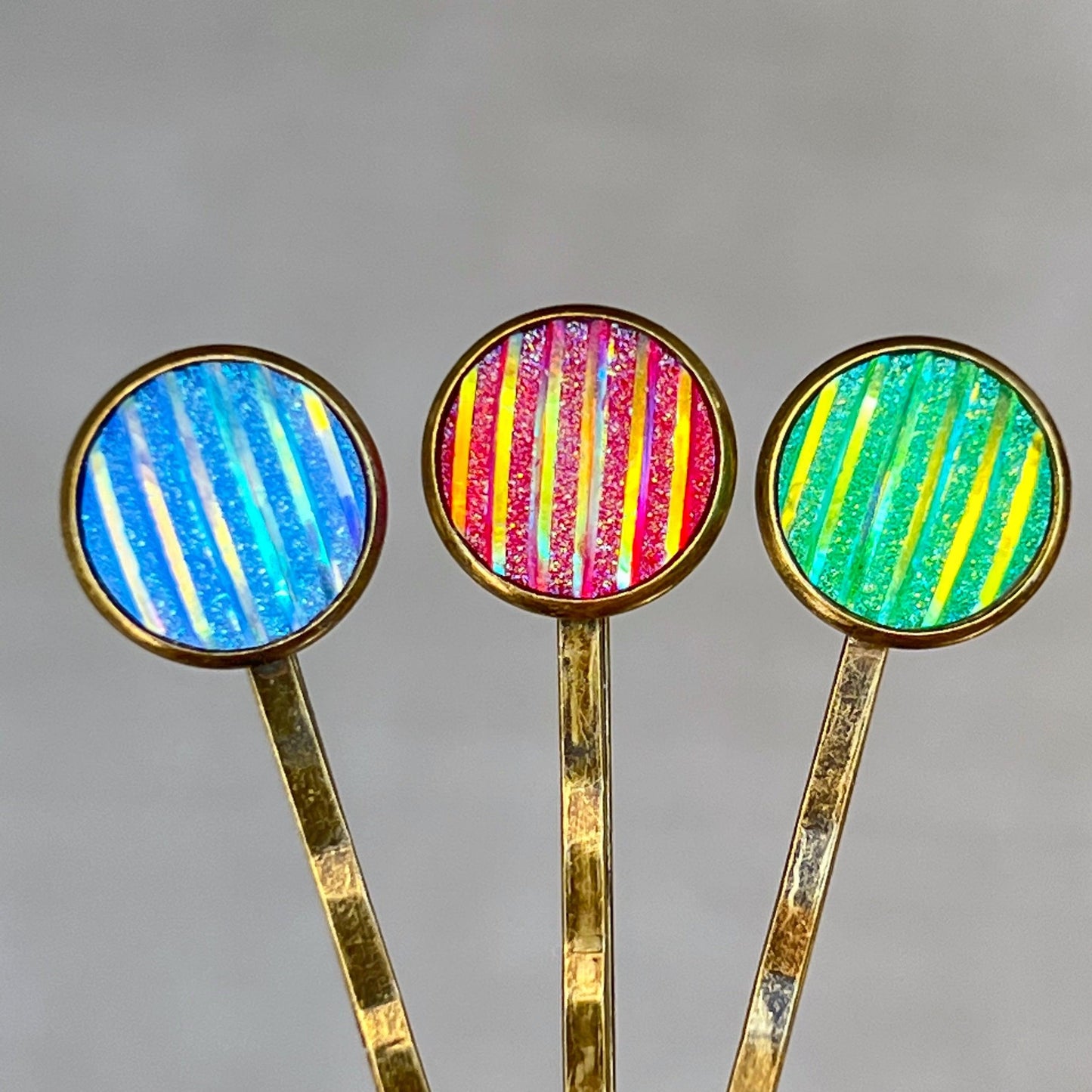 Green, Red, & Blue Striped Glitter Brass Hair Pins Set of 3- Sparkling & Colorful Hair Accessories