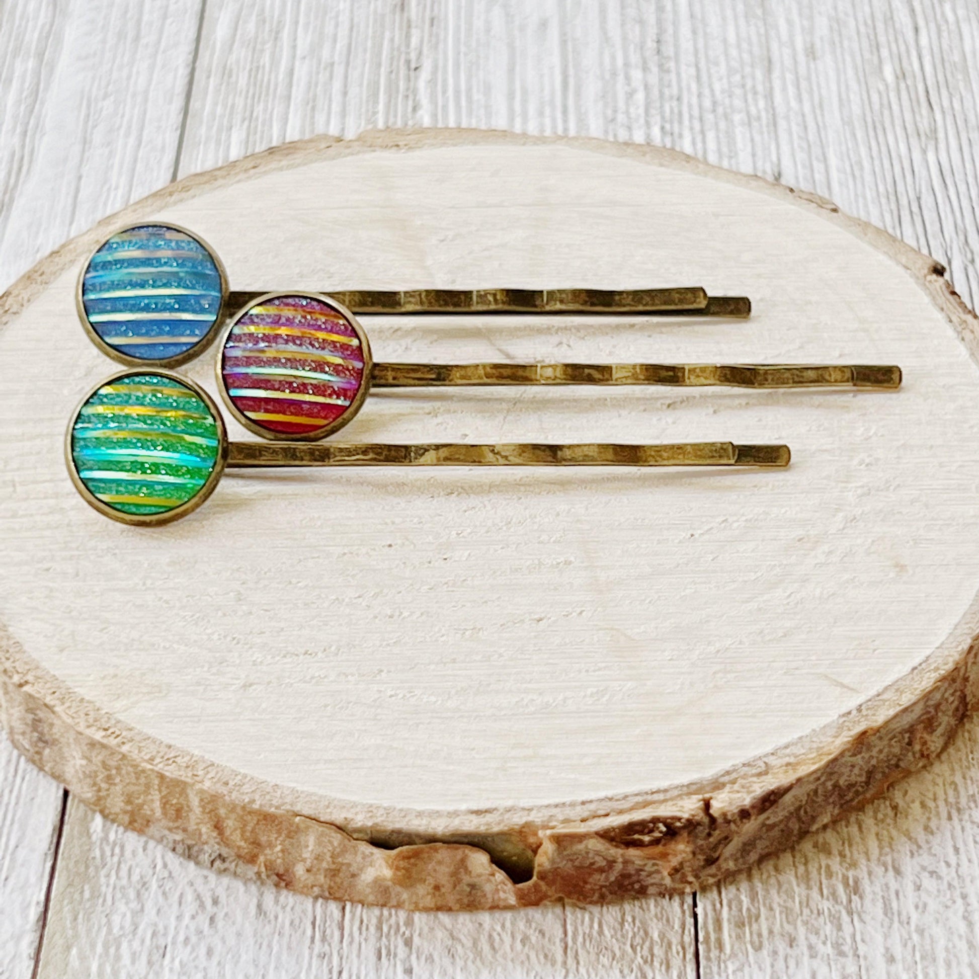 Green, Red, & Blue Striped Glitter Brass Hair Pins Set of 3- Sparkling & Colorful Hair Accessories