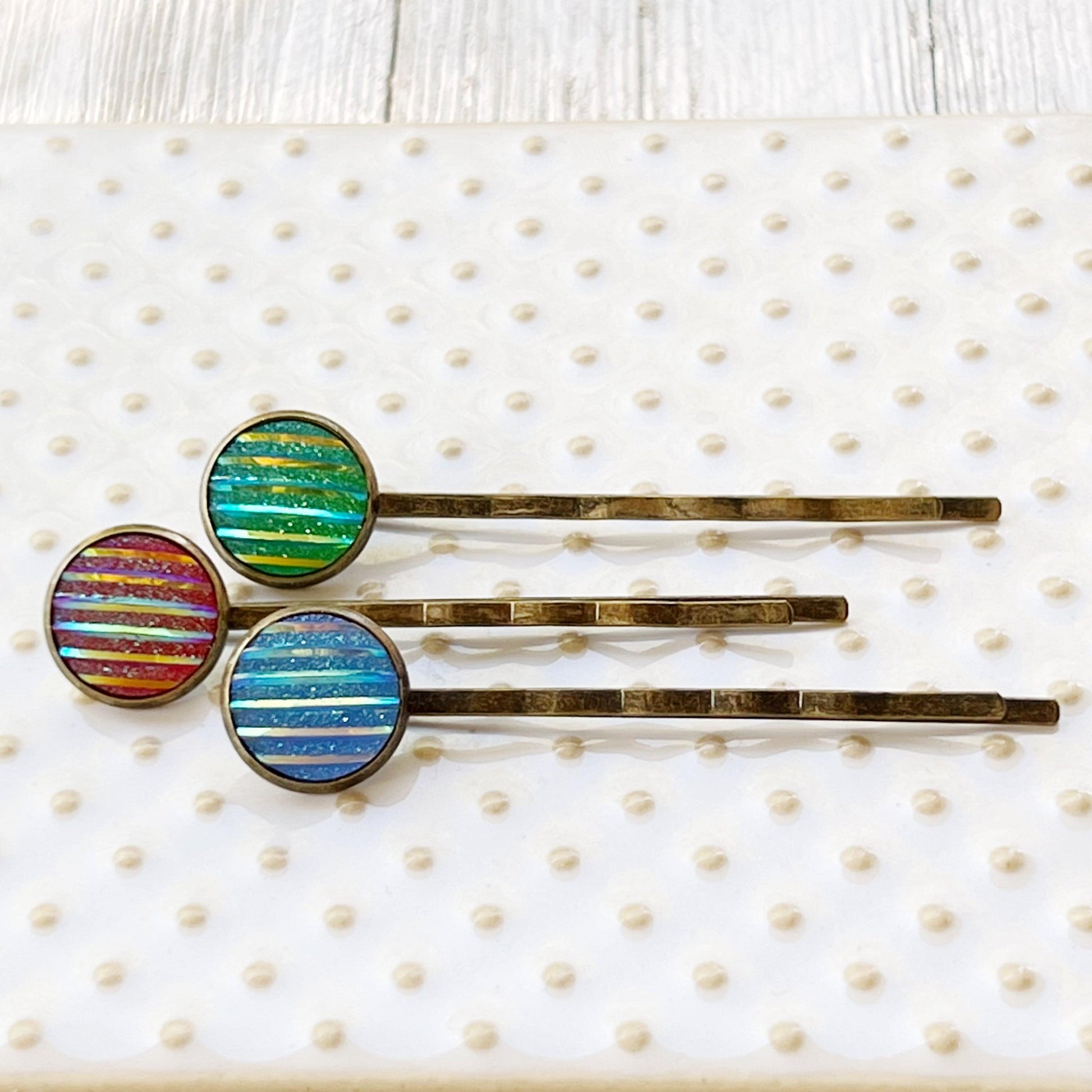 Green, Red, & Blue Striped Glitter Brass Hair Pins Set of 3- Sparkling & Colorful Hair Accessories