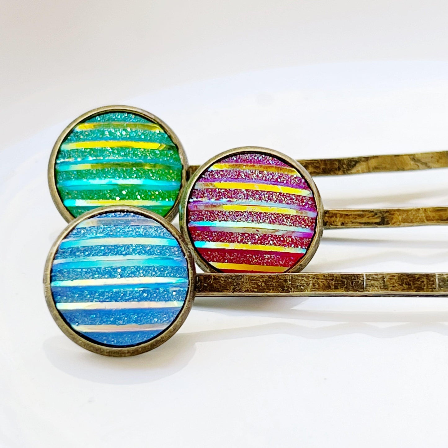 Green, Red, & Blue Striped Glitter Brass Hair Pins Set of 3- Sparkling & Colorful Hair Accessories