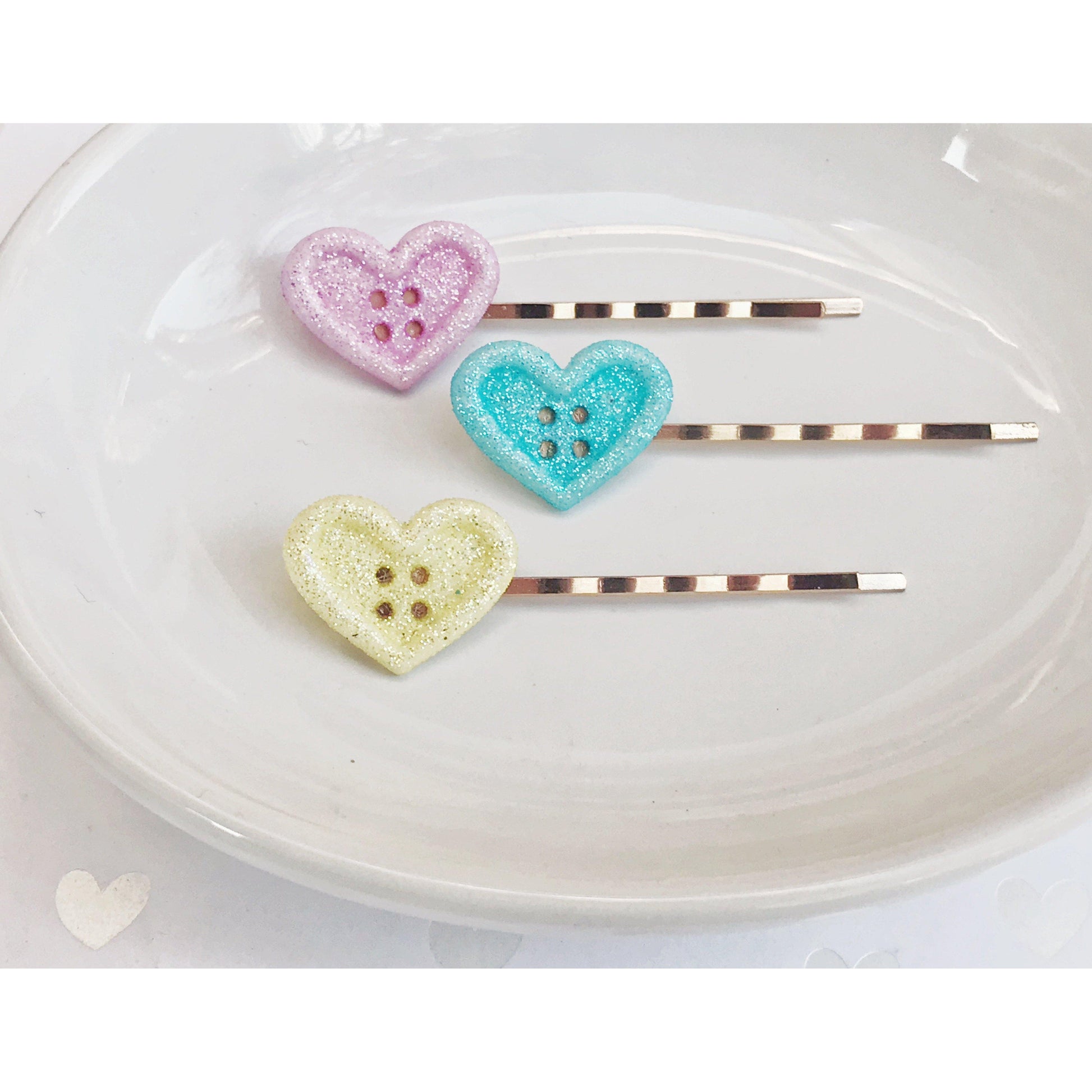 Pink, Yellow & Blue Glitter Heart Hair Pins - Sparkling & Colorful Hair Accessories