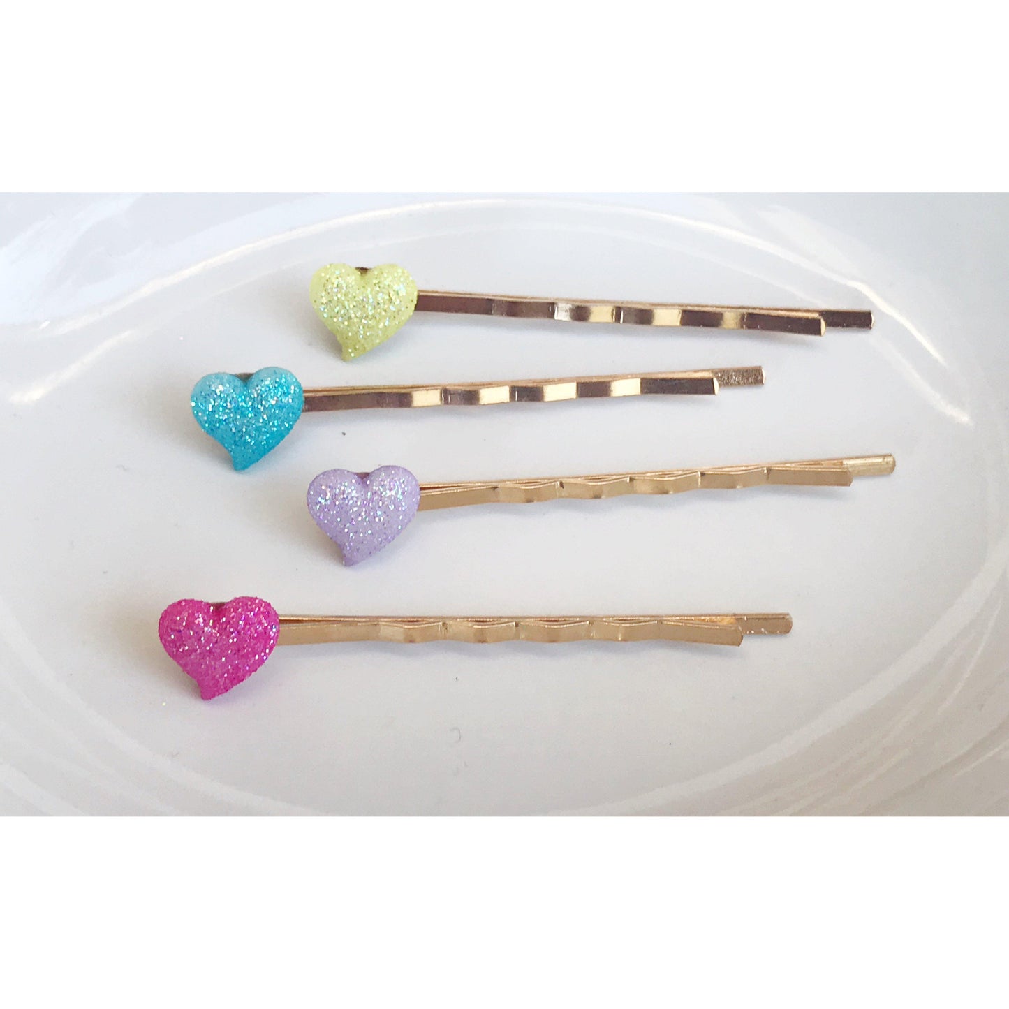 Tiny Pink, Purple, Yellow & Blue Glitter Heart Hair Pins - Sparkling & Colorful Hair Accessories