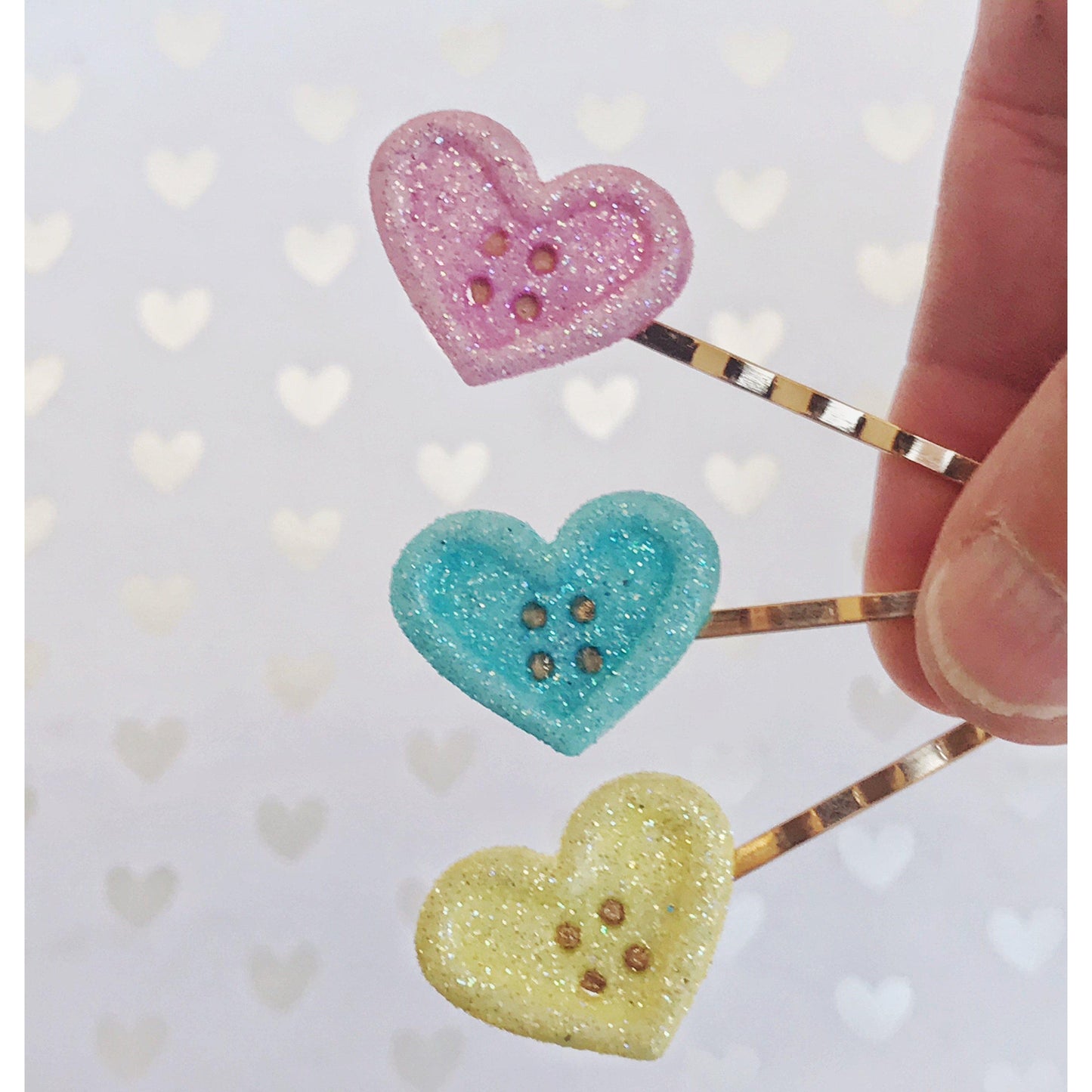 Pink, Yellow & Blue Glitter Heart Hair Pins - Sparkling & Colorful Hair Accessories