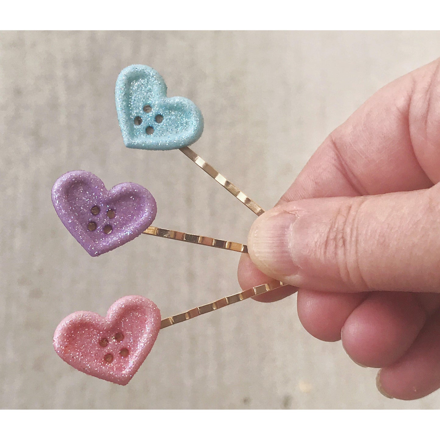 Pink, Purple, & Blue Glitter Heart Hair Pins Set - Sparkling & Colorful Hair Accessories