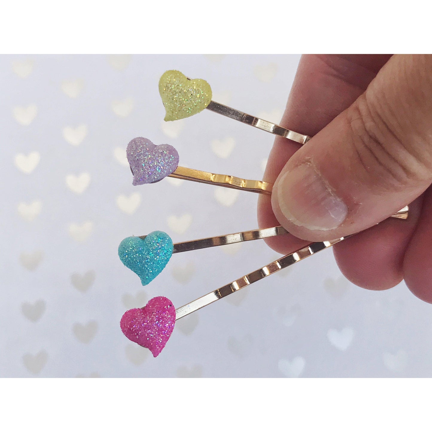 Tiny Pink, Purple, Yellow & Blue Glitter Heart Hair Pins - Sparkling & Colorful Hair Accessories