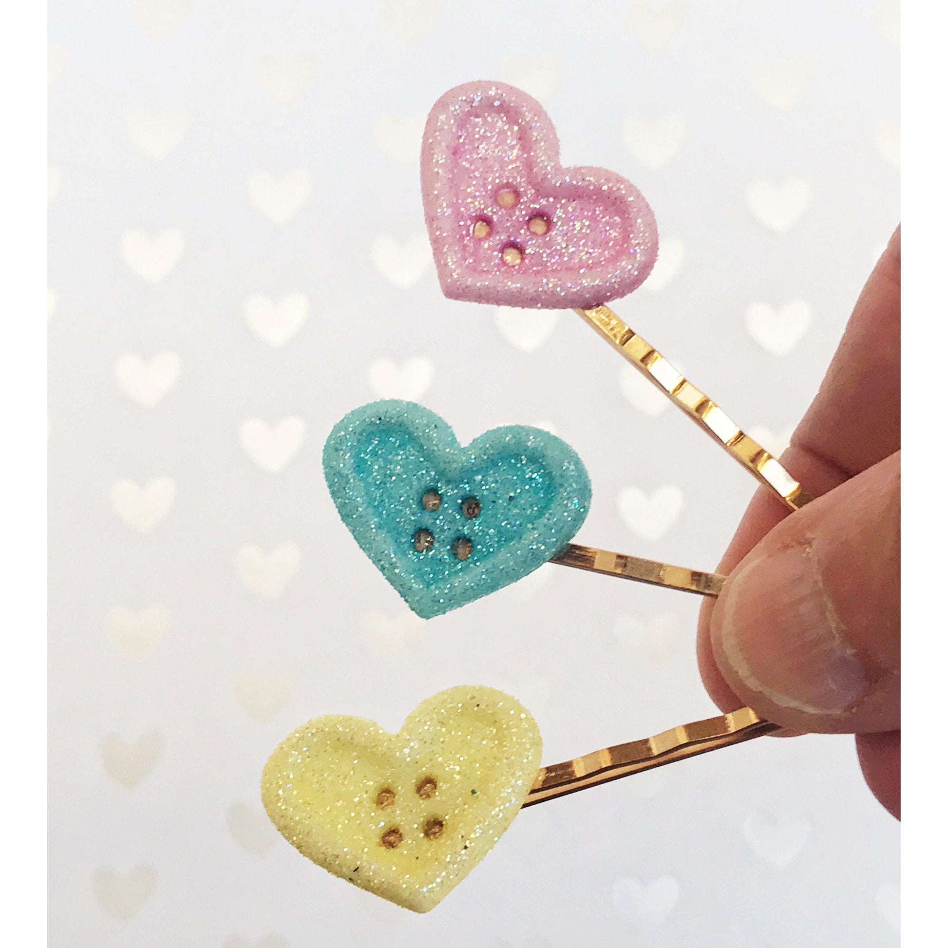 Pink, Yellow & Blue Glitter Heart Hair Pins - Sparkling & Colorful Hair Accessories