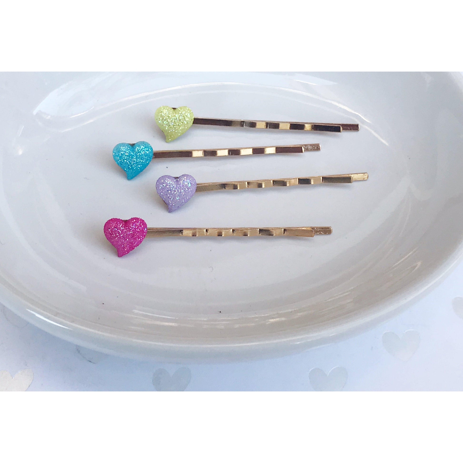 Tiny Pink, Purple, Yellow & Blue Glitter Heart Hair Pins - Sparkling & Colorful Hair Accessories