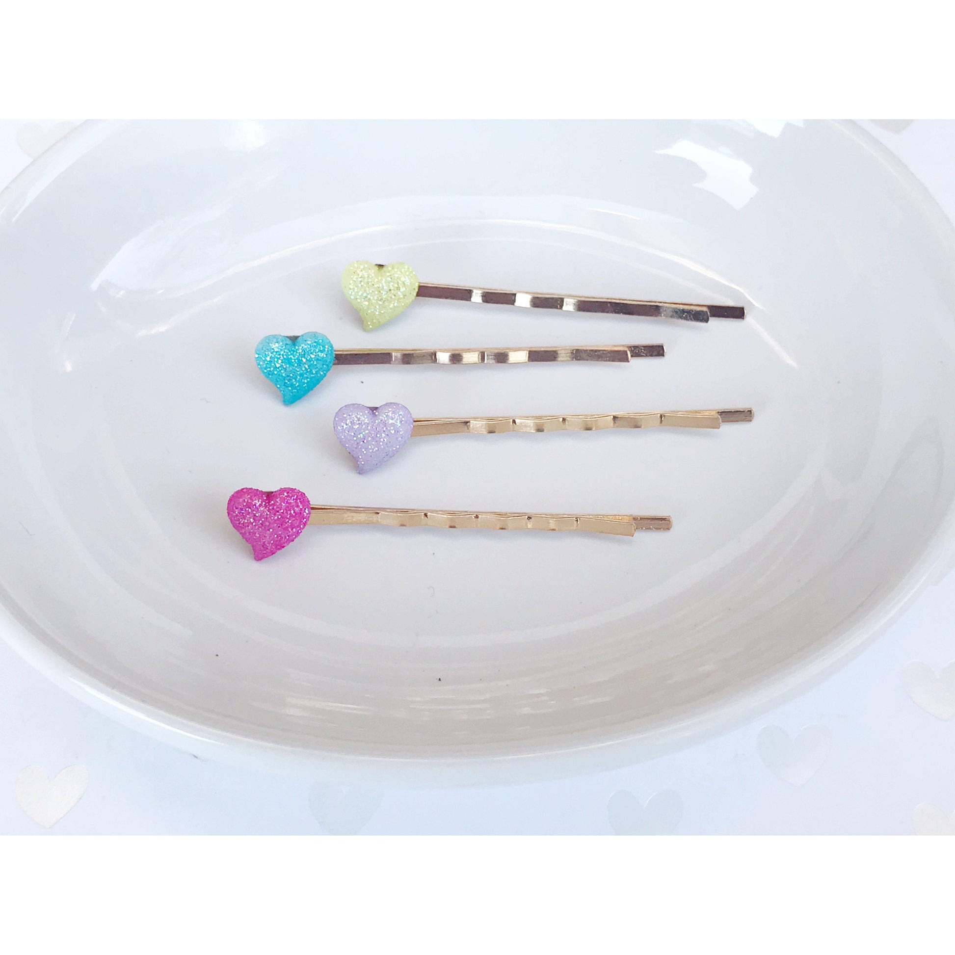 Tiny Pink, Purple, Yellow & Blue Glitter Heart Hair Pins - Sparkling & Colorful Hair Accessories