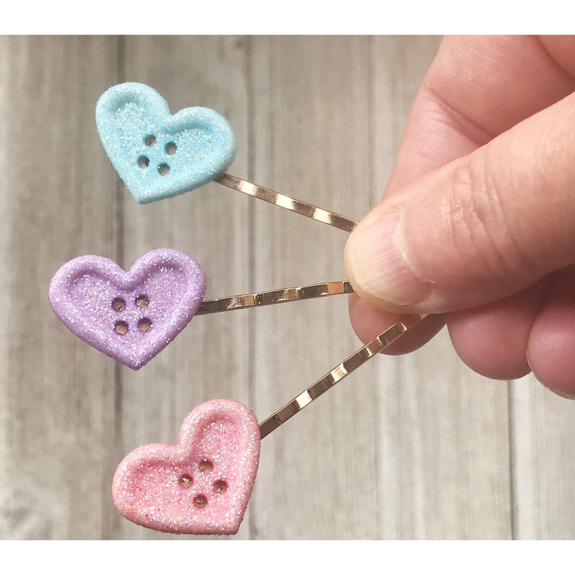 Pink, Purple, & Blue Glitter Heart Hair Pins Set - Sparkling & Colorful Hair Accessories