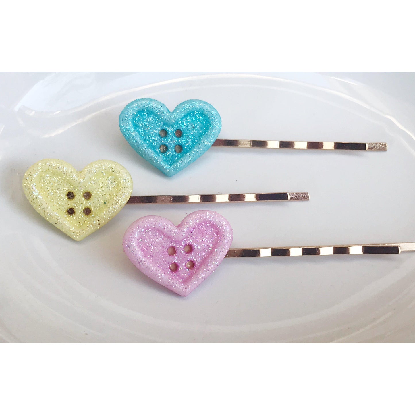 Pink, Yellow & Blue Glitter Heart Hair Pins - Sparkling & Colorful Hair Accessories