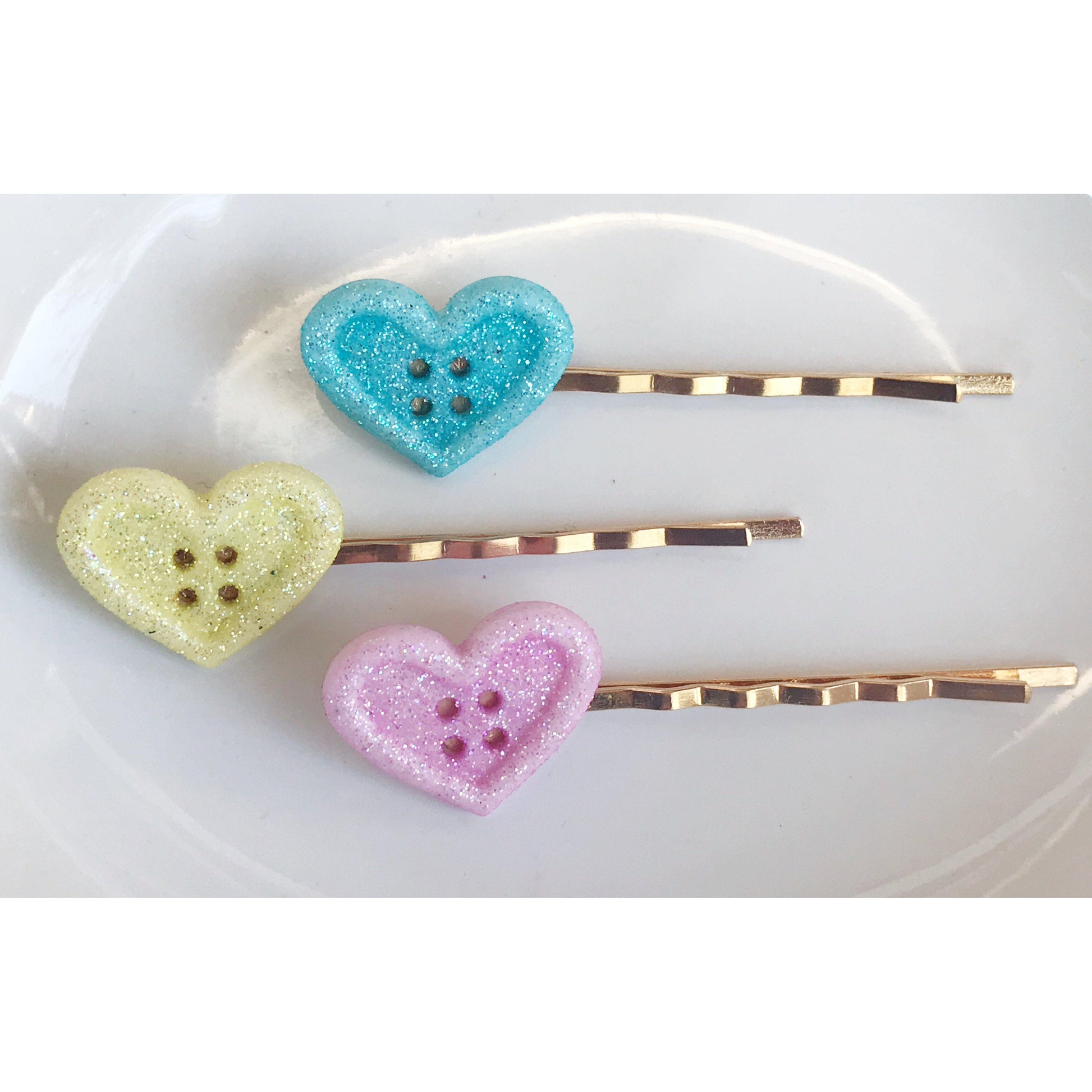 Pink, Yellow & Blue Glitter Heart Hair Pins - Sparkling & Colorful Hair Accessories