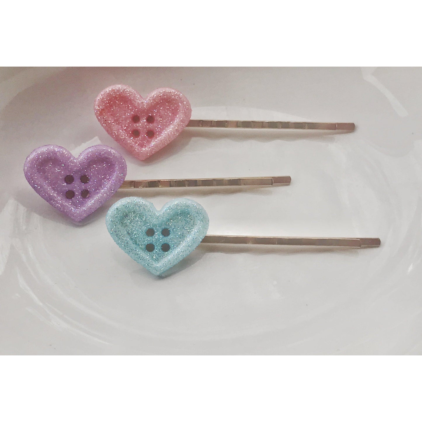 Pink, Purple, & Blue Glitter Heart Hair Pins Set - Sparkling & Colorful Hair Accessories