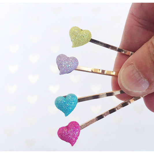 Tiny Pink, Purple, Yellow & Blue Glitter Heart Hair Pins - Sparkling & Colorful Hair Accessories