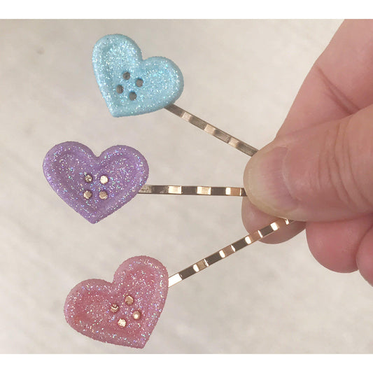Pink, Purple, & Blue Glitter Heart Hair Pins Set - Sparkling & Colorful Hair Accessories